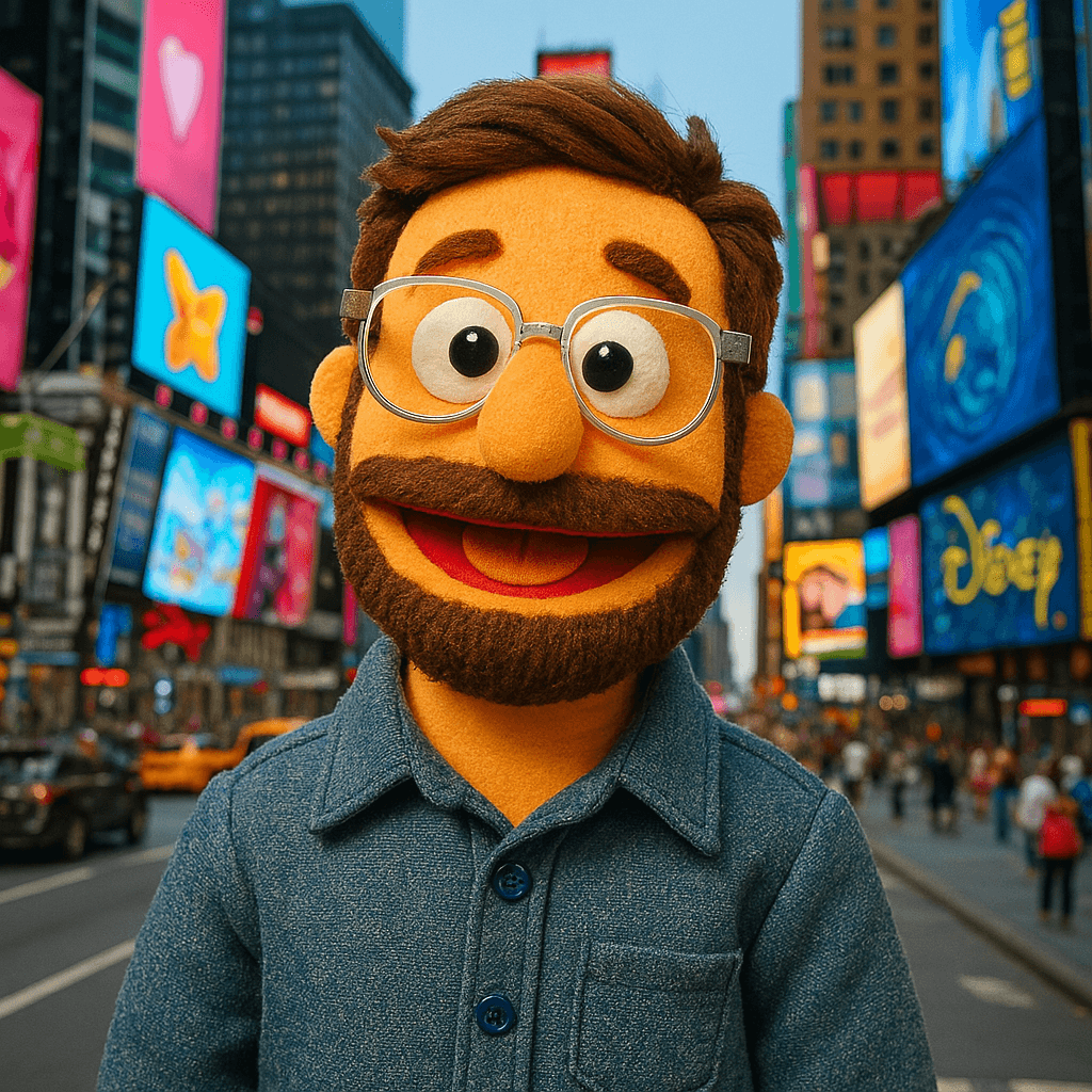 A person in a foam puppet costume with glasses, a beard, and brown hair, standing in Times Square surrounded by colorful billboards and city buildings during dusk.