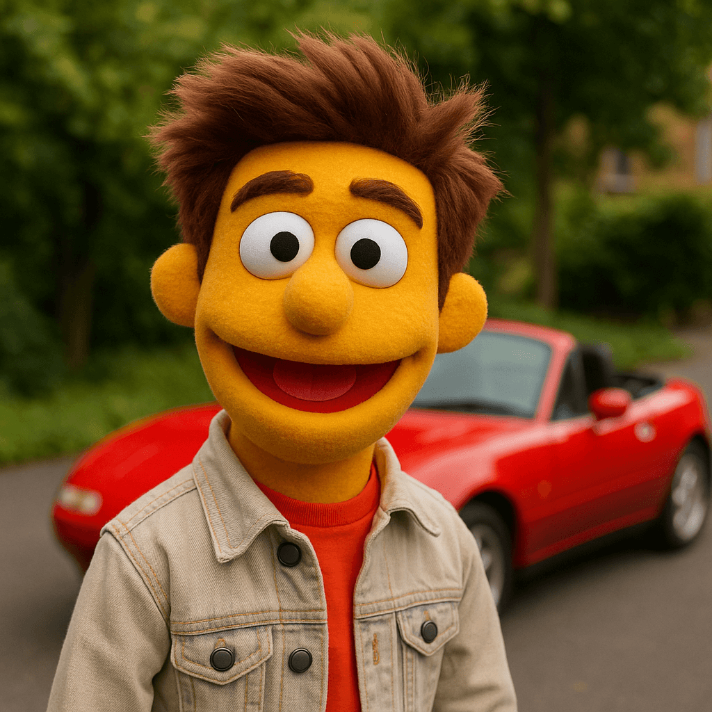 A person dressed as a puppet from Sesame Street with brown hair, yellow face, and a wide smile standing in front of a red convertible sports car on a road surrounded by green trees.