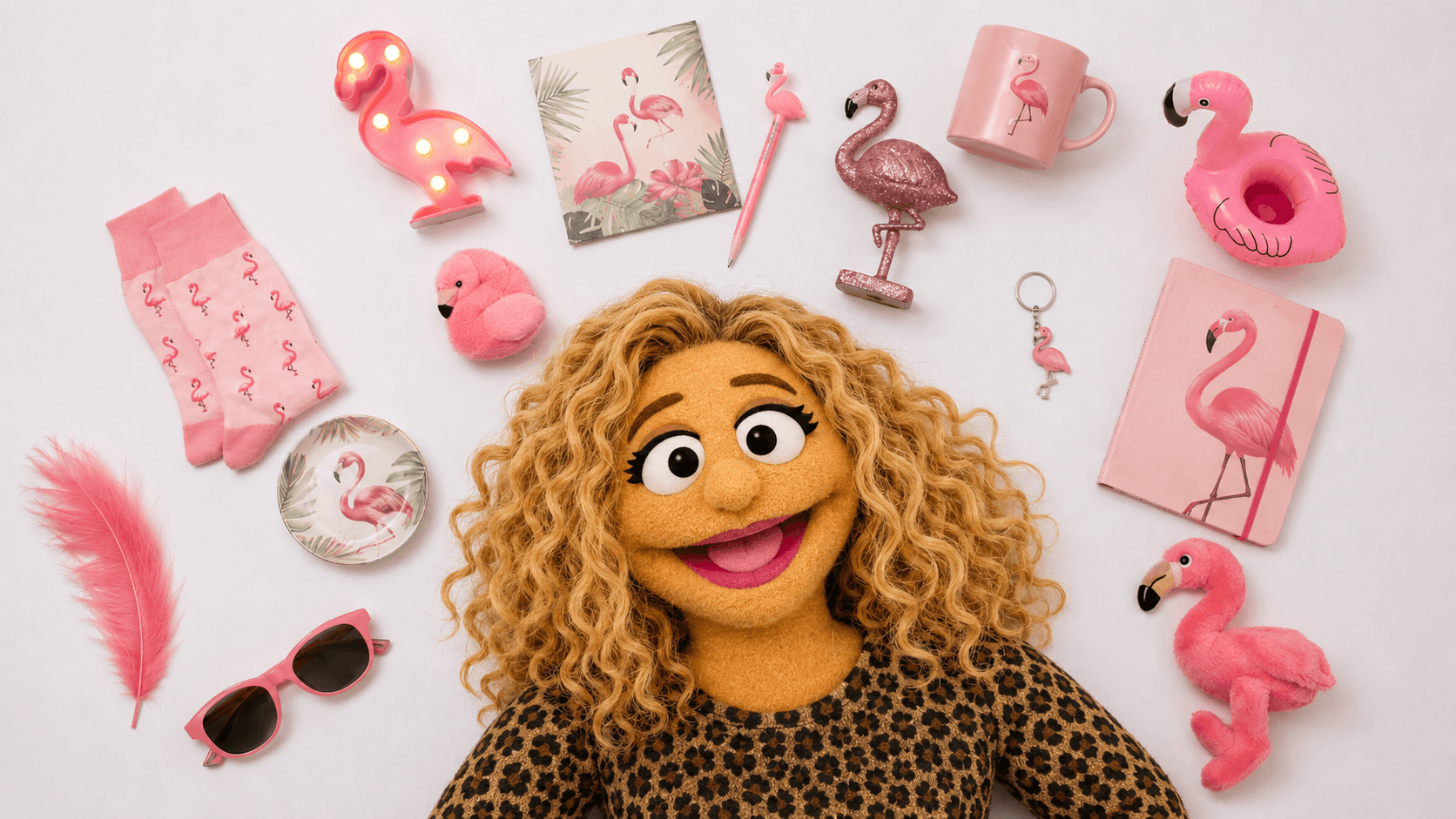 Person wearing a large puppet mask with curly gray hair, expressive eyes, and a friendly smile, in an office setting with a desk, lamp, and bulletin board in the background.