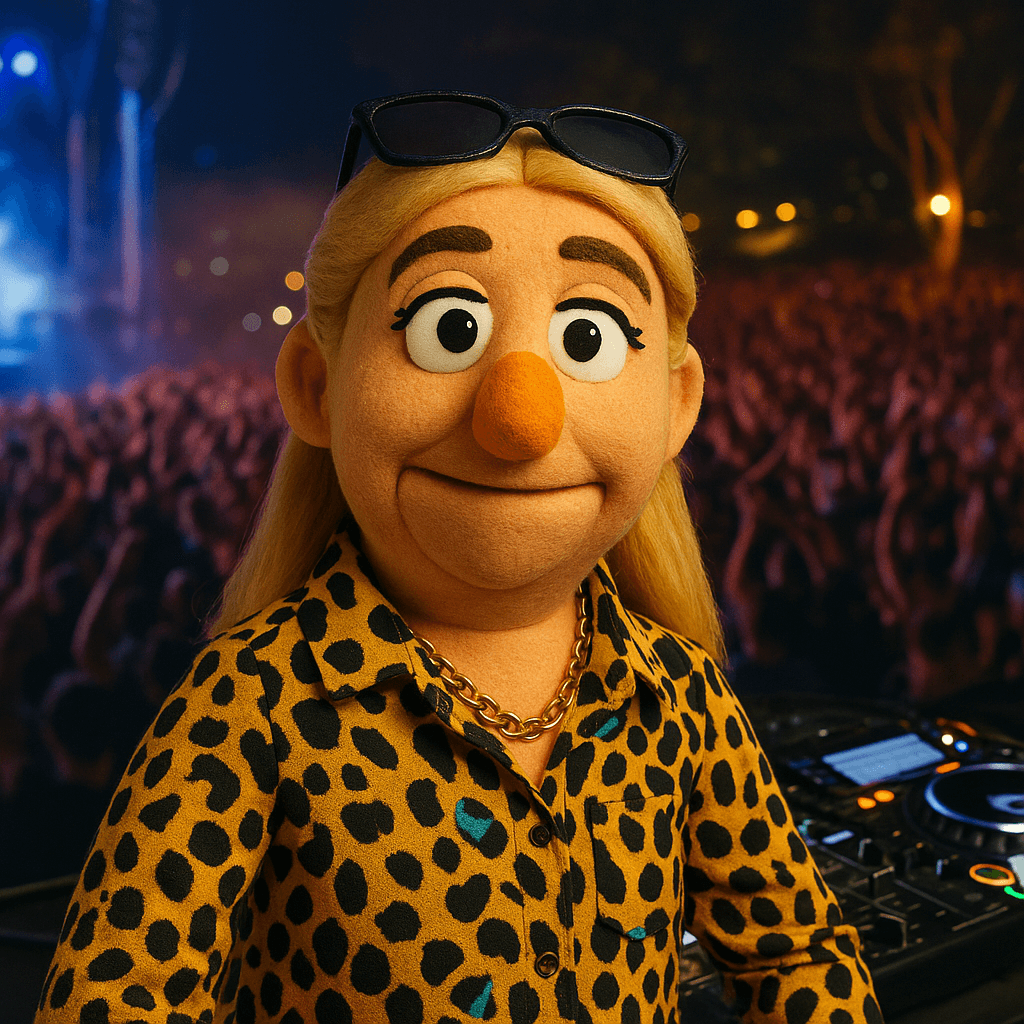 A character with a large orange nose, blond hair, wearing glasses on her head, a leopard print shirt, and a gold chain necklace, standing in front of a large crowd at a concert or festival at night.