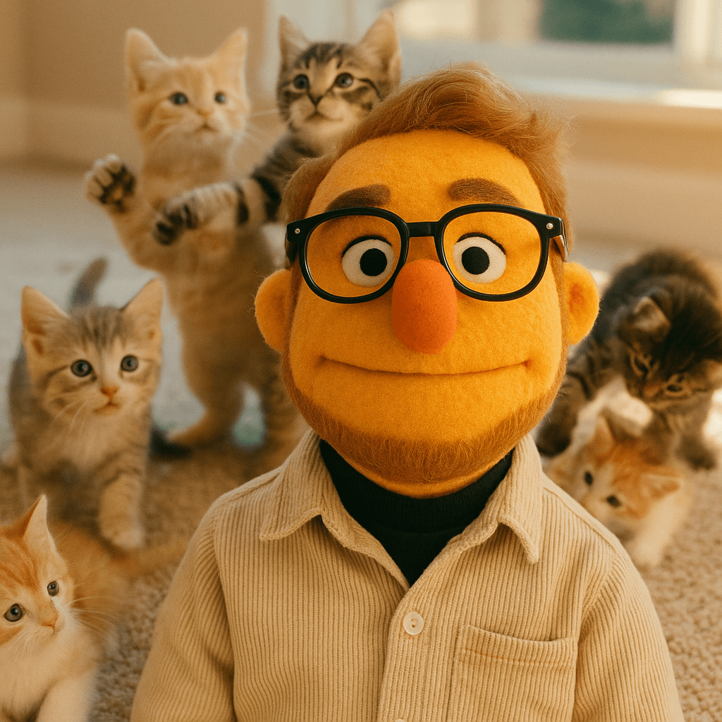 A person with a puppet face wearing glasses surrounded by five kittens on a carpeted floor near a window.