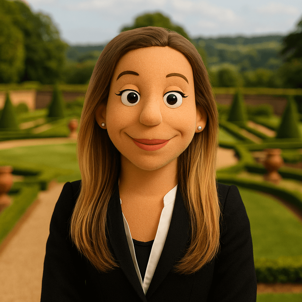 A person wearing a large puppet mask with a smiling female face, long brown hair, and in a black blazer, standing in a garden with trimmed hedges and trees in the background.