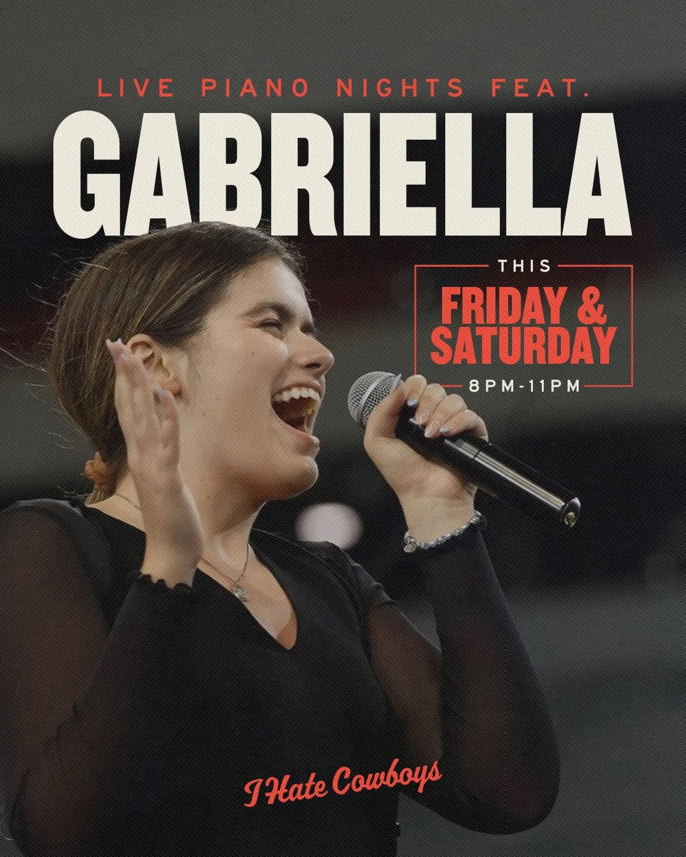 piano nights at I hate cowboys 🎹

new live music concept every fri + sat 8p-11p starting memorial day weekend

no cover. great vibes &amp; cocktails 🍸 

music with @gabbyallmusic inspired by Amy Winehouse, Whitney Houston &amp; Alicia Keys
