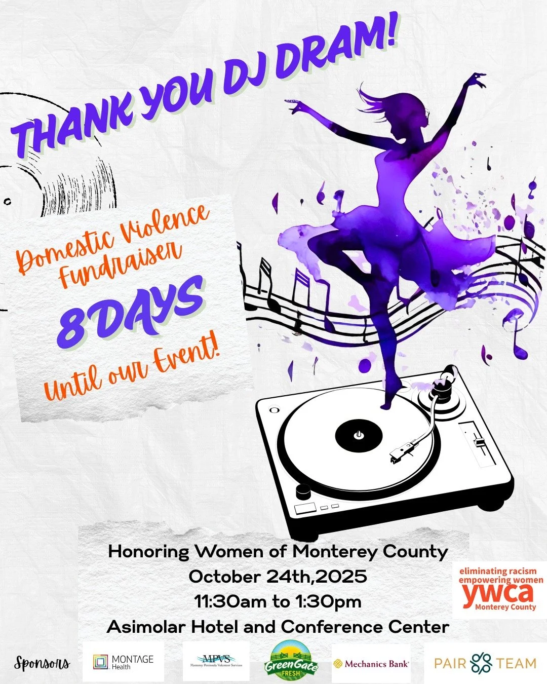 🎶 Exciting News! 🎶 We are thrilled to announce that DJ DRAM is generously donating his services for our Domestic Violence Awareness Luncheon: Honoring Women of Monterey County!
🗓️ Last day to get tickets is 10/20! Don’t miss the chance to