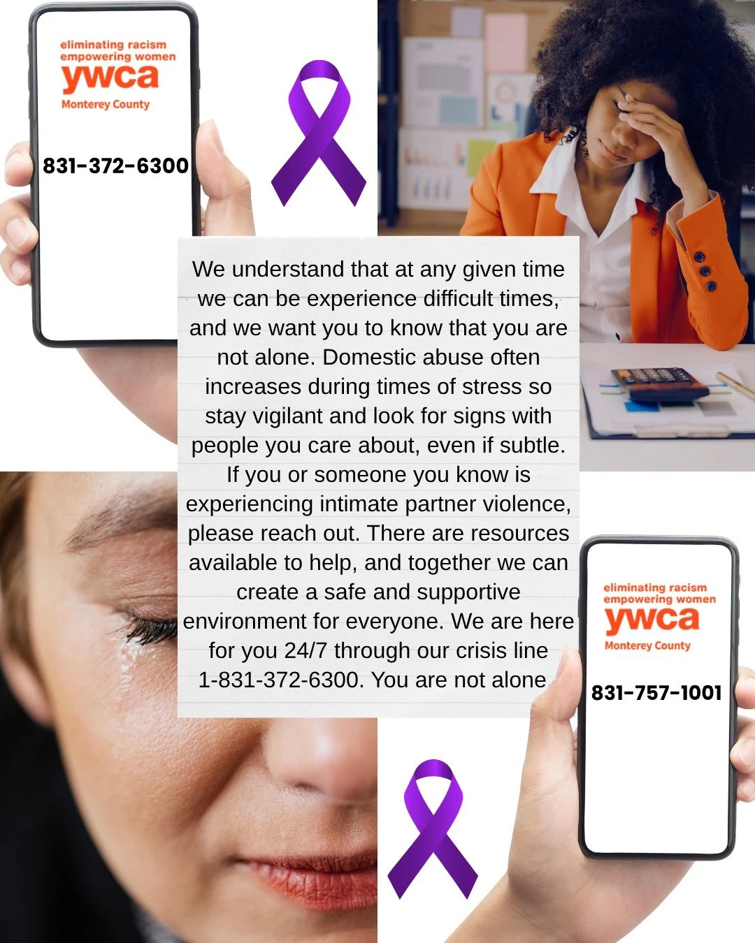 💜✨ You are not alone! If you or someone you know is experiencing domestic violence, help is just a call away. Our dedicated team at YWCA Monterey County is here to provide support, resources, and a safe space for survivors. 🌈💖 

📞 Call us at **(8