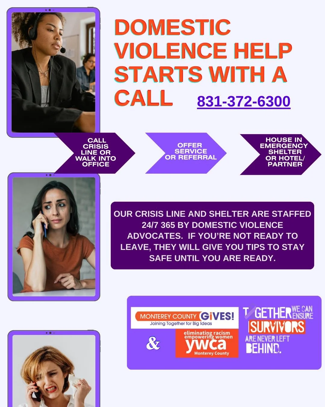 🌟 **Help Starts with a Call** 🌟 If you or someone you know is experiencing domestic violence, remember that help is just a call away. Our 24/7 crisis line is here to guide you to safety or help you create a personalized safety plan. You are not alo