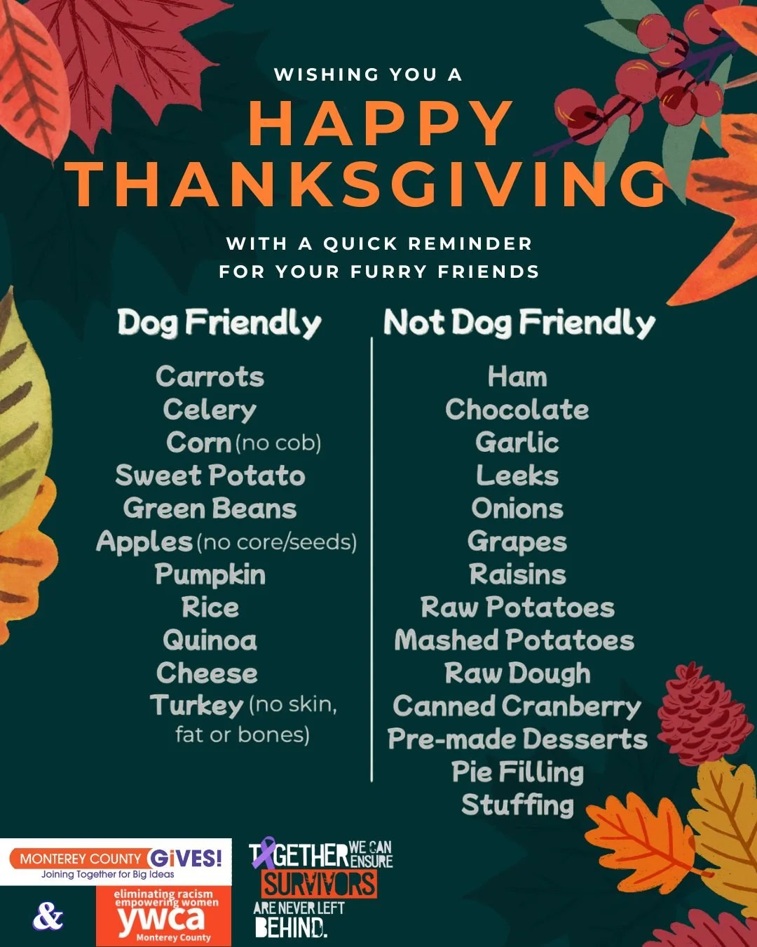 Happy Thanksgiving. We are so thankful for all of your support. At YWCA, we adore our furry friends just as much as you do! 🐾 As those puppy eyes beg for a taste of Thanksgiving, let's remember to keep some foods off their plates. Here are a few Tha