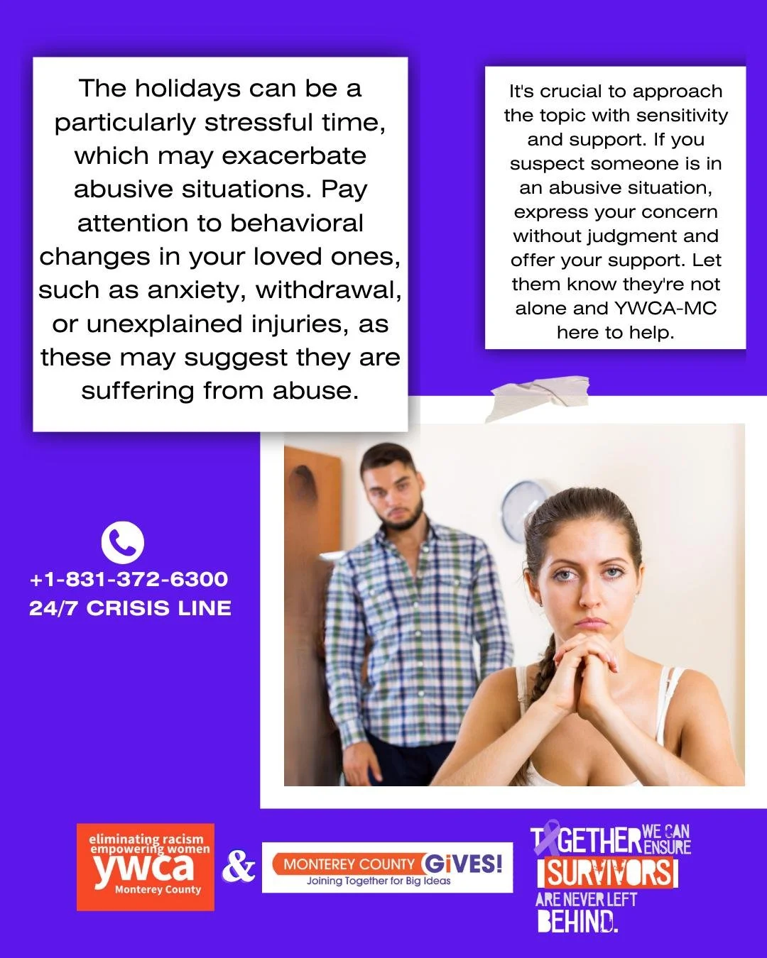 Domestic violence does not discriminate and can affect anyone, regardless of age, race, gender, or socioeconomic status. During gatherings, stay observant and compassionate, as your awareness can make a significant difference in someone's life. Remem