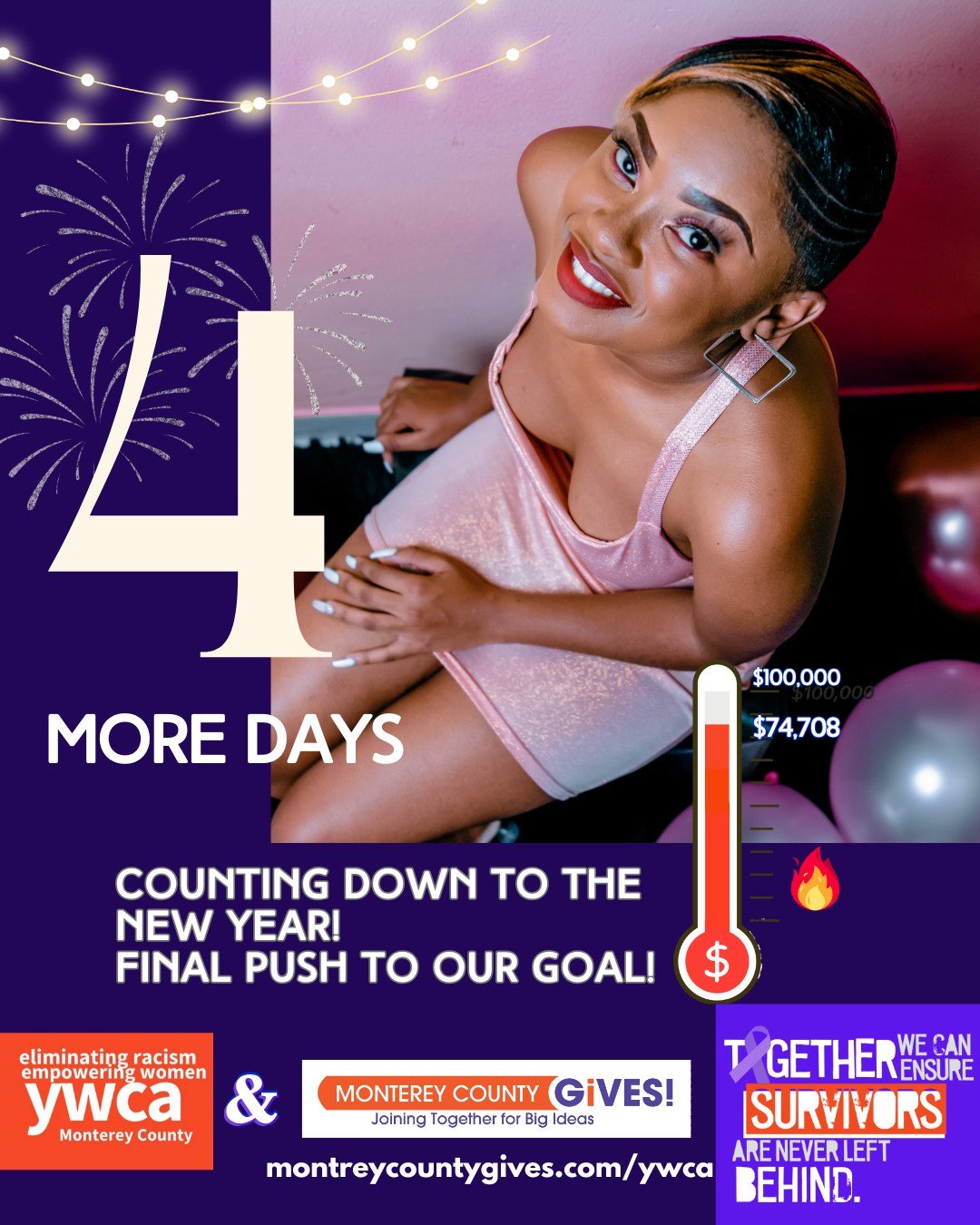 🎉✨ Just 4 days left until the New Year! This is your final chance to make a tax-deductible donation and support our mission at YWCA Monterey County! 💜 Every contribution made through MC Gives will be matched, amplifying your impact and helping us p
