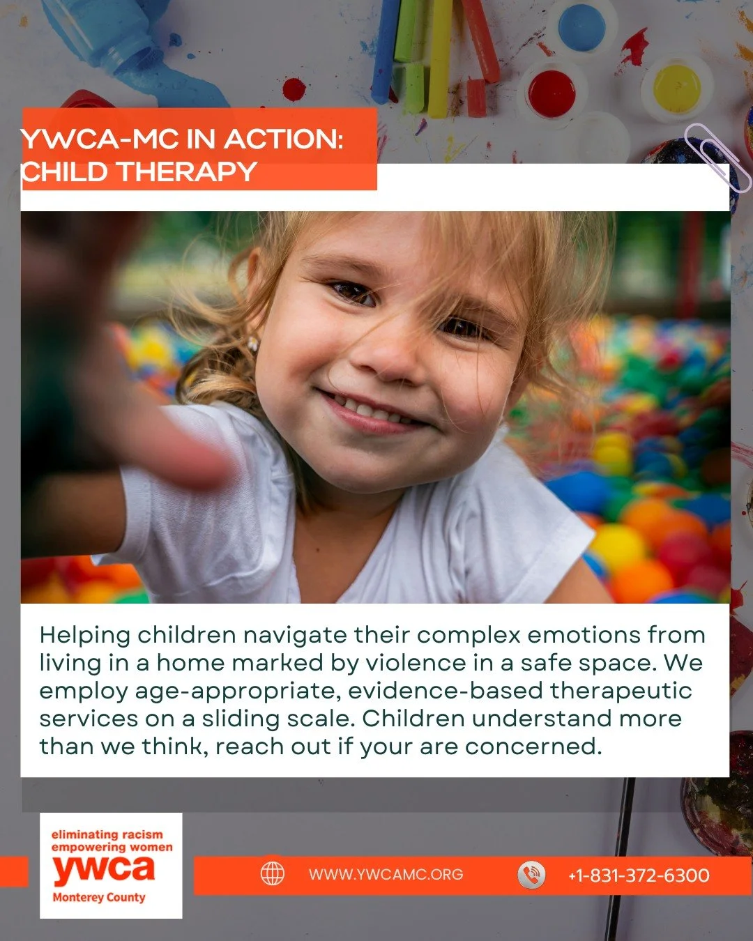 💜✨ At YWCA Monterey County, we believe in healing the whole family. That&rsquo;s why we offer specialized therapy for children who have witnessed domestic violence. 

These young ones often carry the weight of trauma that can affect their emotional 