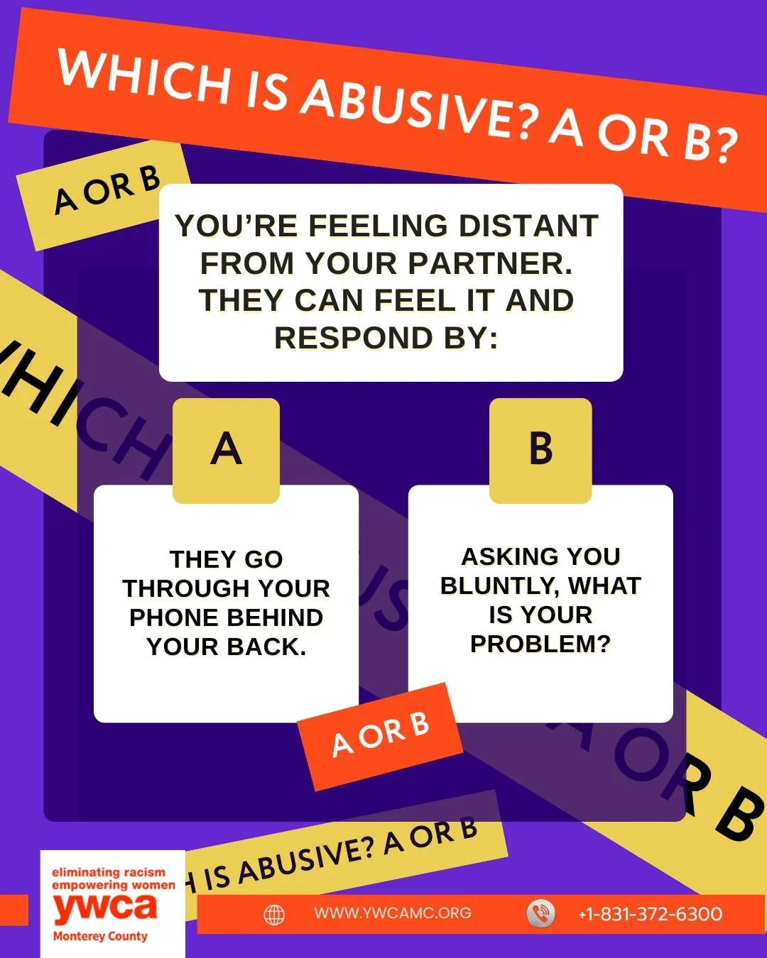 💜✨ Let's talk about recognizing the signs of abuse! Today, we want to hear from you: Which one is abusive?

Both scenarios can indicate unhealthy dynamics in a relationship,  but the answer is A: going through your phone is Technology Abuse and a ma
