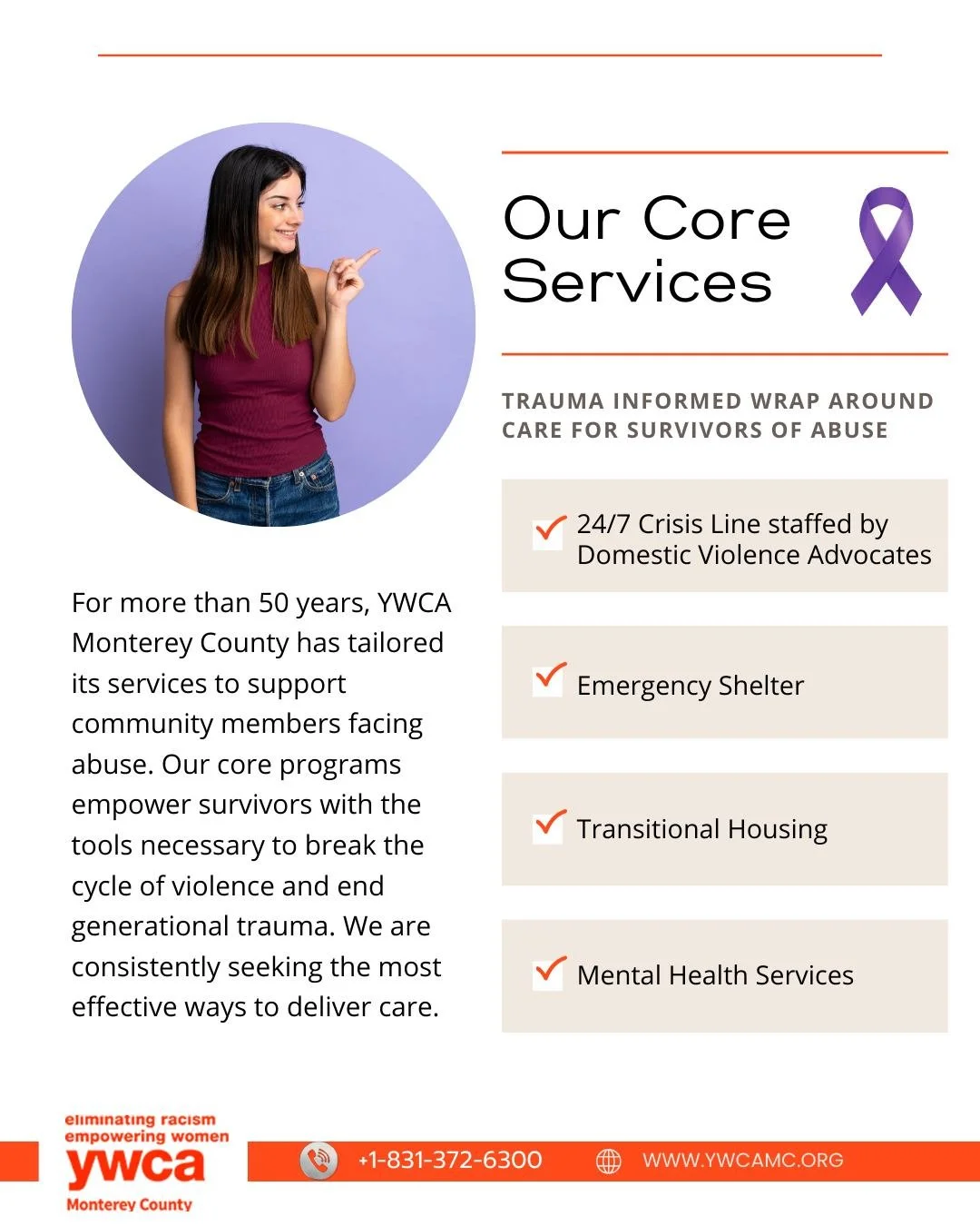 🌟 At YWCA Monterey County, we are dedicated to providing comprehensive support for survivors of domestic violence. Our services are designed to empower individuals and families on their healing journey. 

Together, we can break the cycle of violence