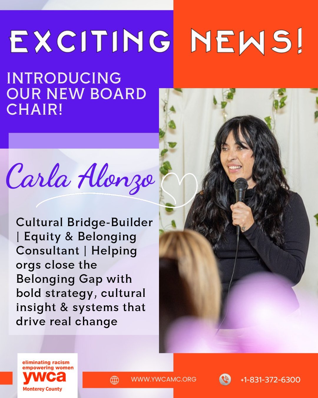 🌟 We are thrilled to announce that Carla Alonzo has been appointed as the new Board Chair of YWCA Monterey County! 🎉

Carla first inspired us as a speaker at our Domestic Violence Awareness luncheon and her passion for our mission led her to join o