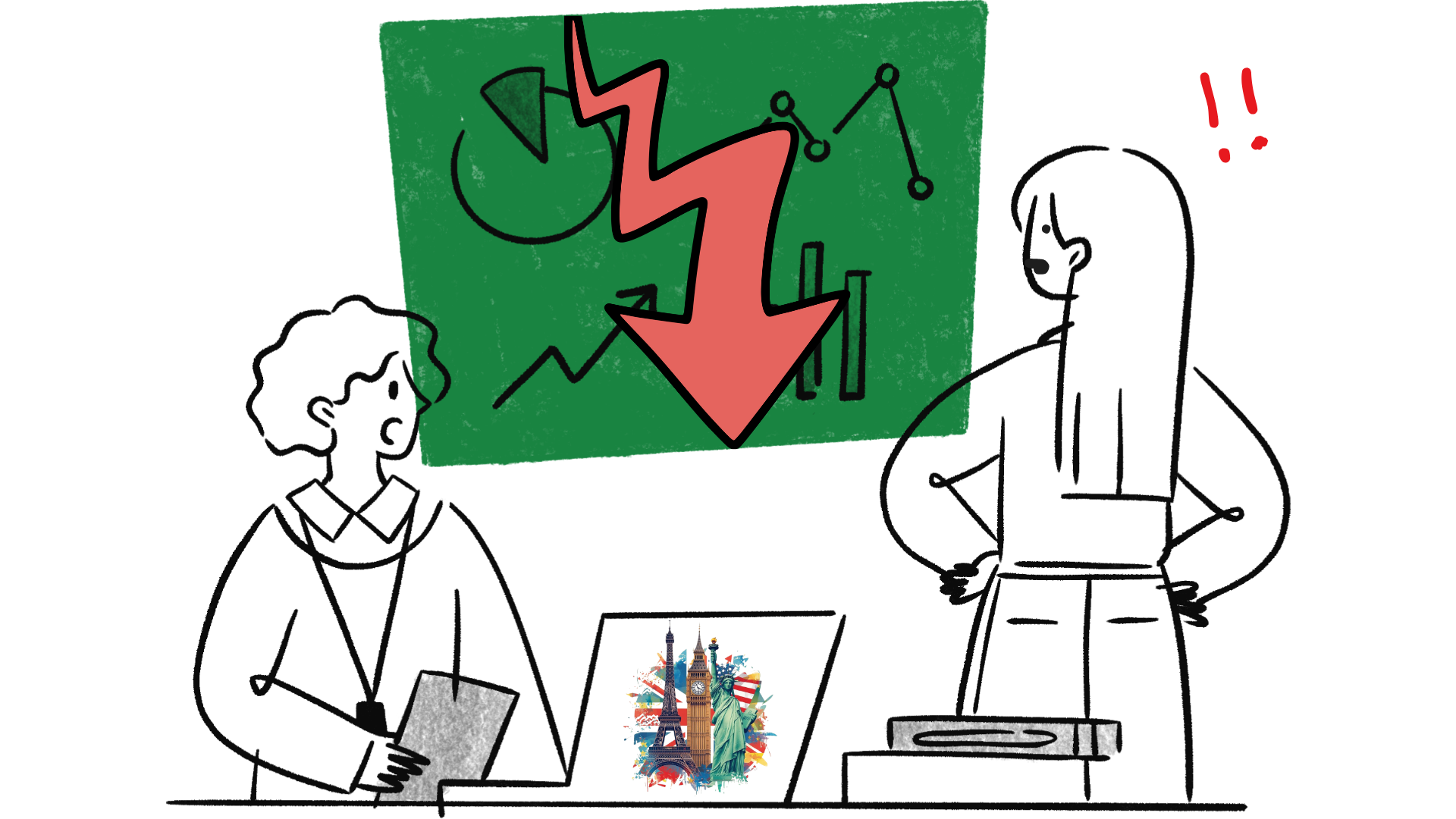 Illustration showing a downward red arrow over business charts with shocked figures