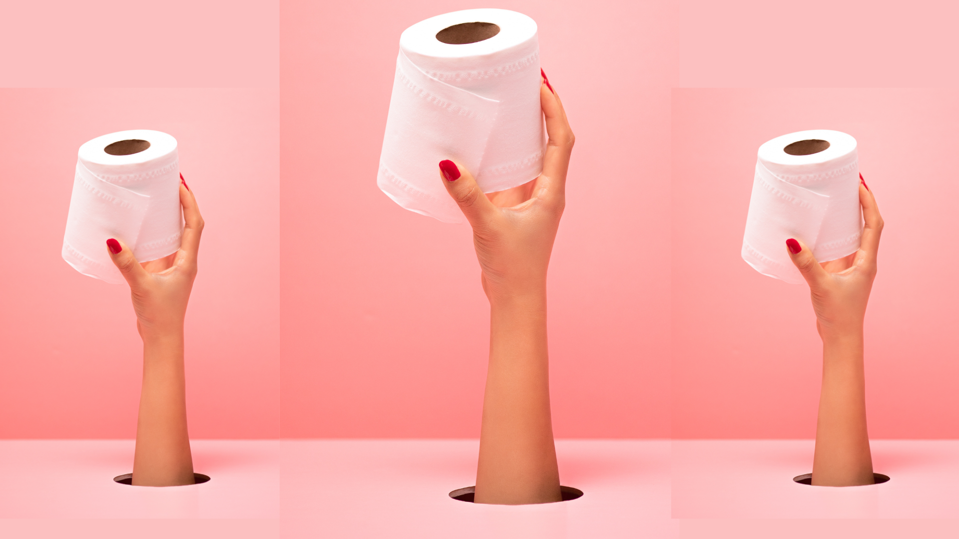Three hands emerging from holes in a pink background, each holding up a roll of toilet paper.