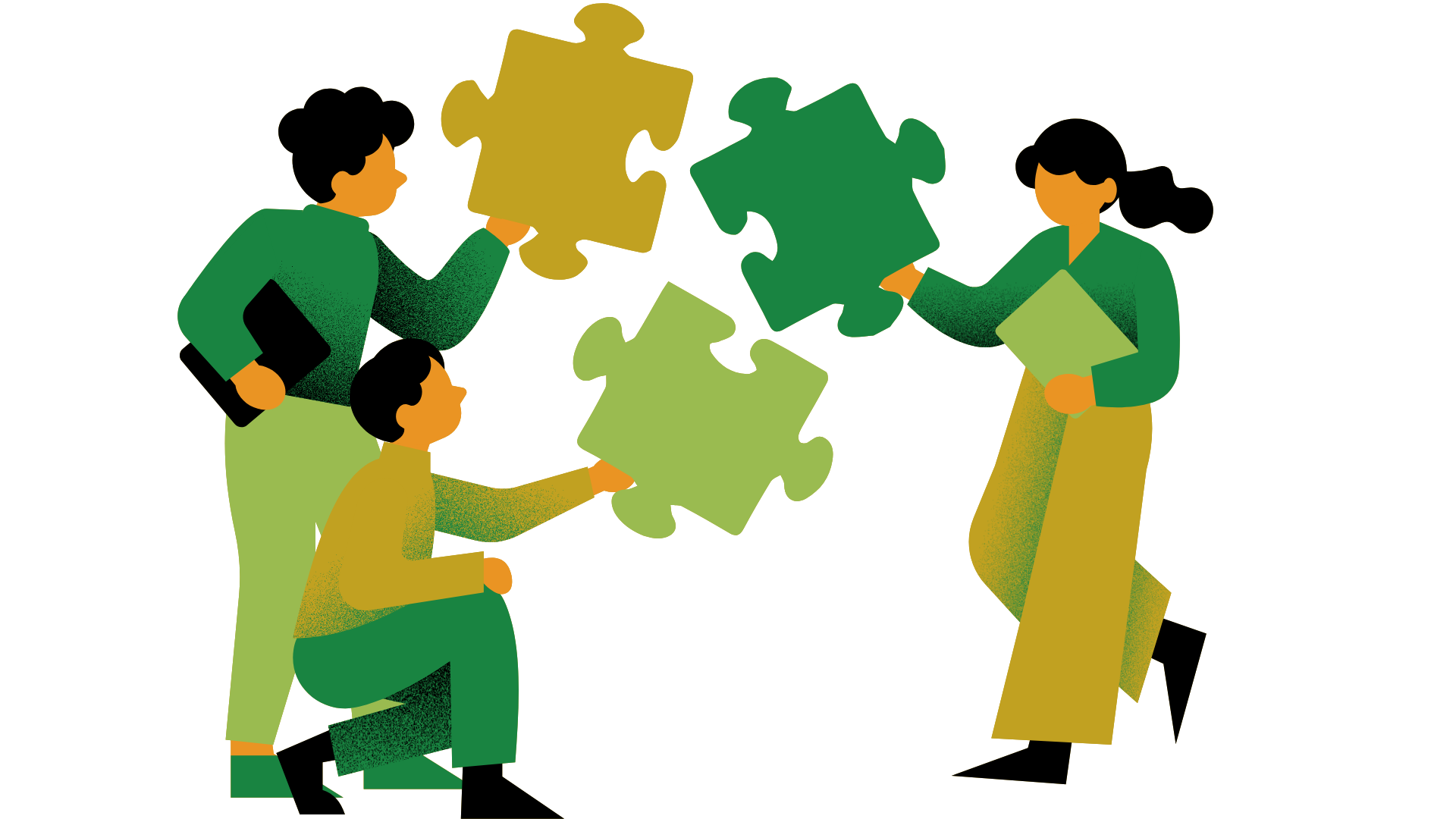 Three people coming together with different pieces of the puzzle