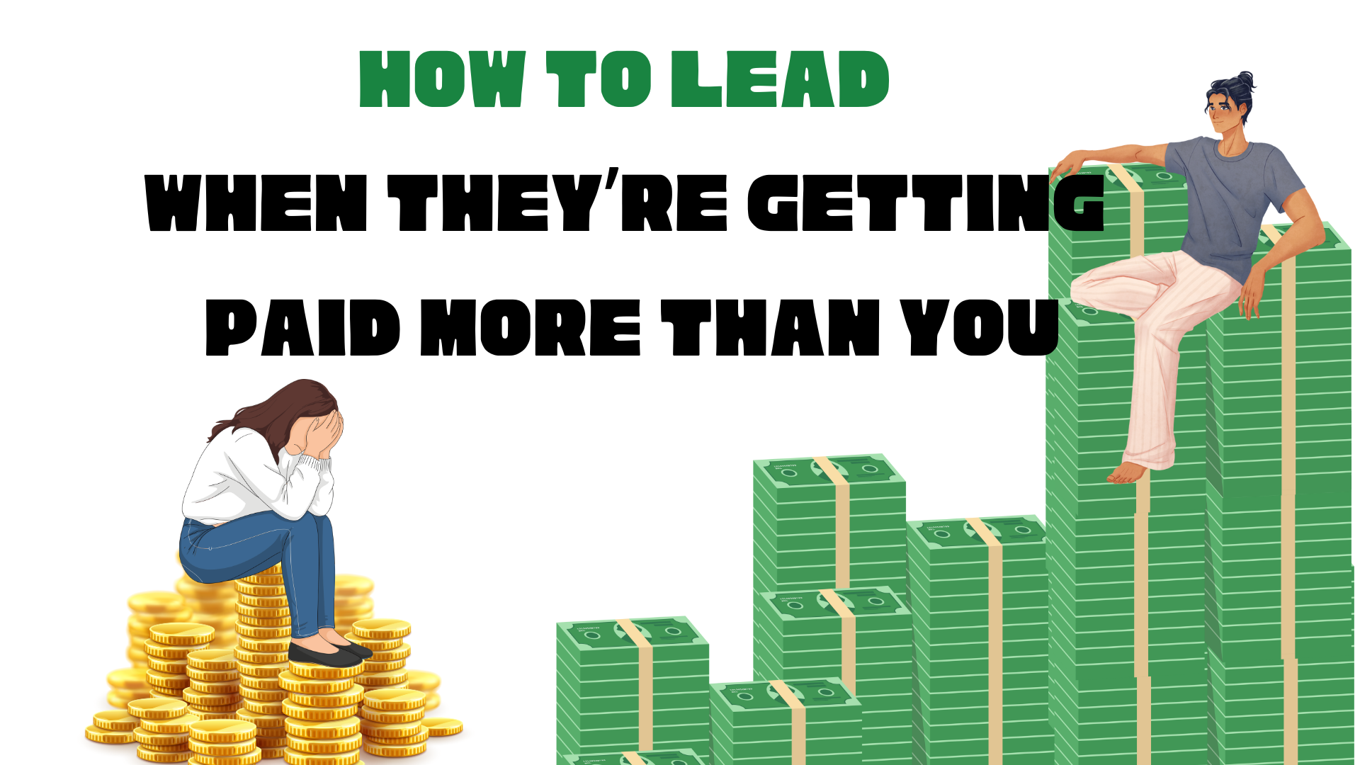 Illustration of a woman sitting on small coin stacks while a man sits on much larger money stacks