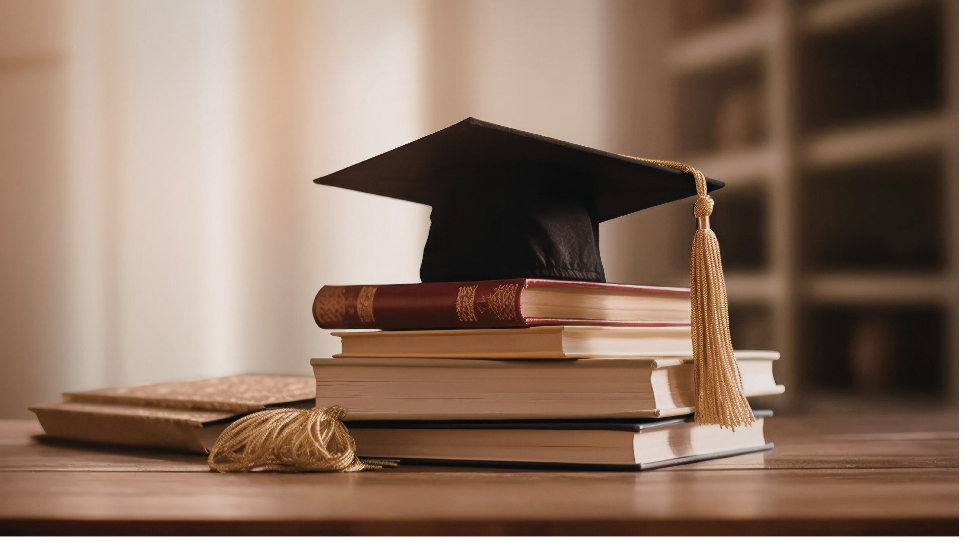 A graduation cap on top of a stack of textbooks