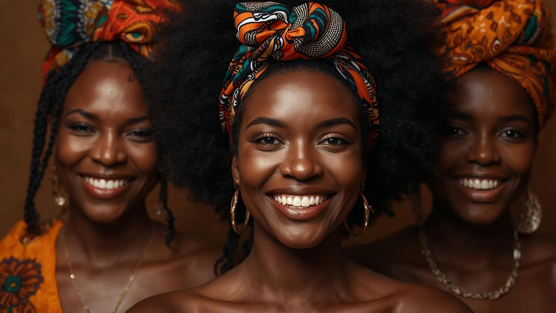 Three women wearing patterned headwraps, smiling confidently