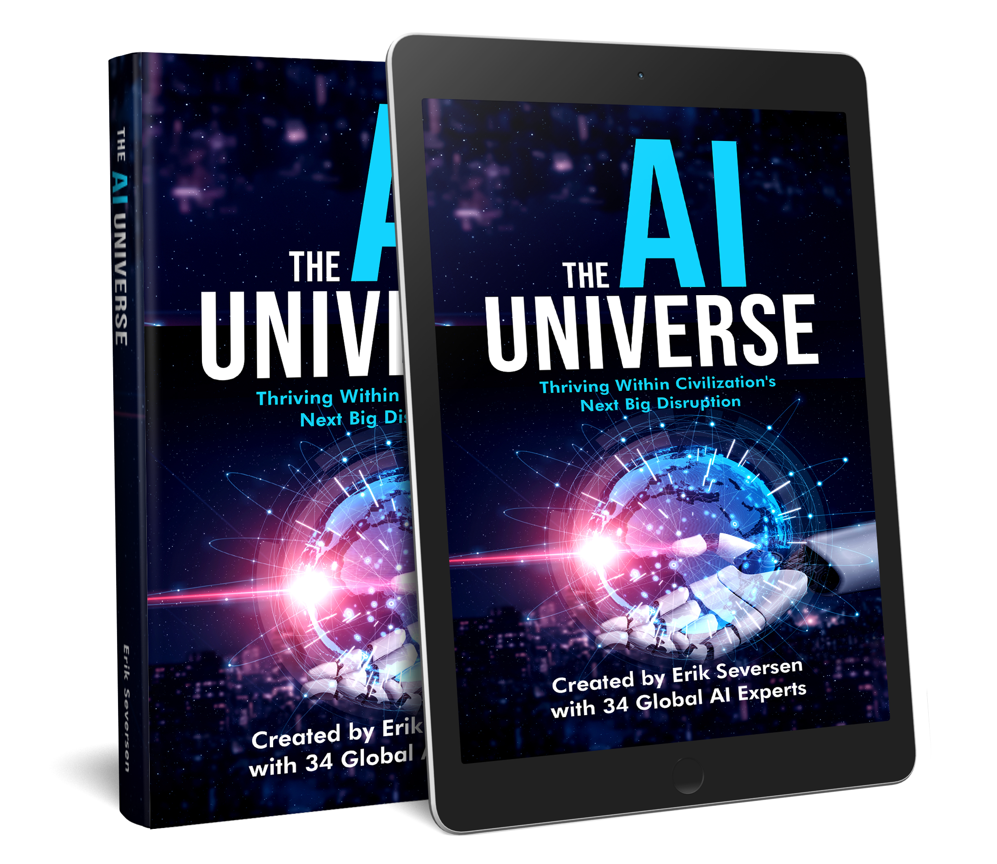 Book and digital tablet titled 'The AI Universe' with a futuristic space-themed cover design