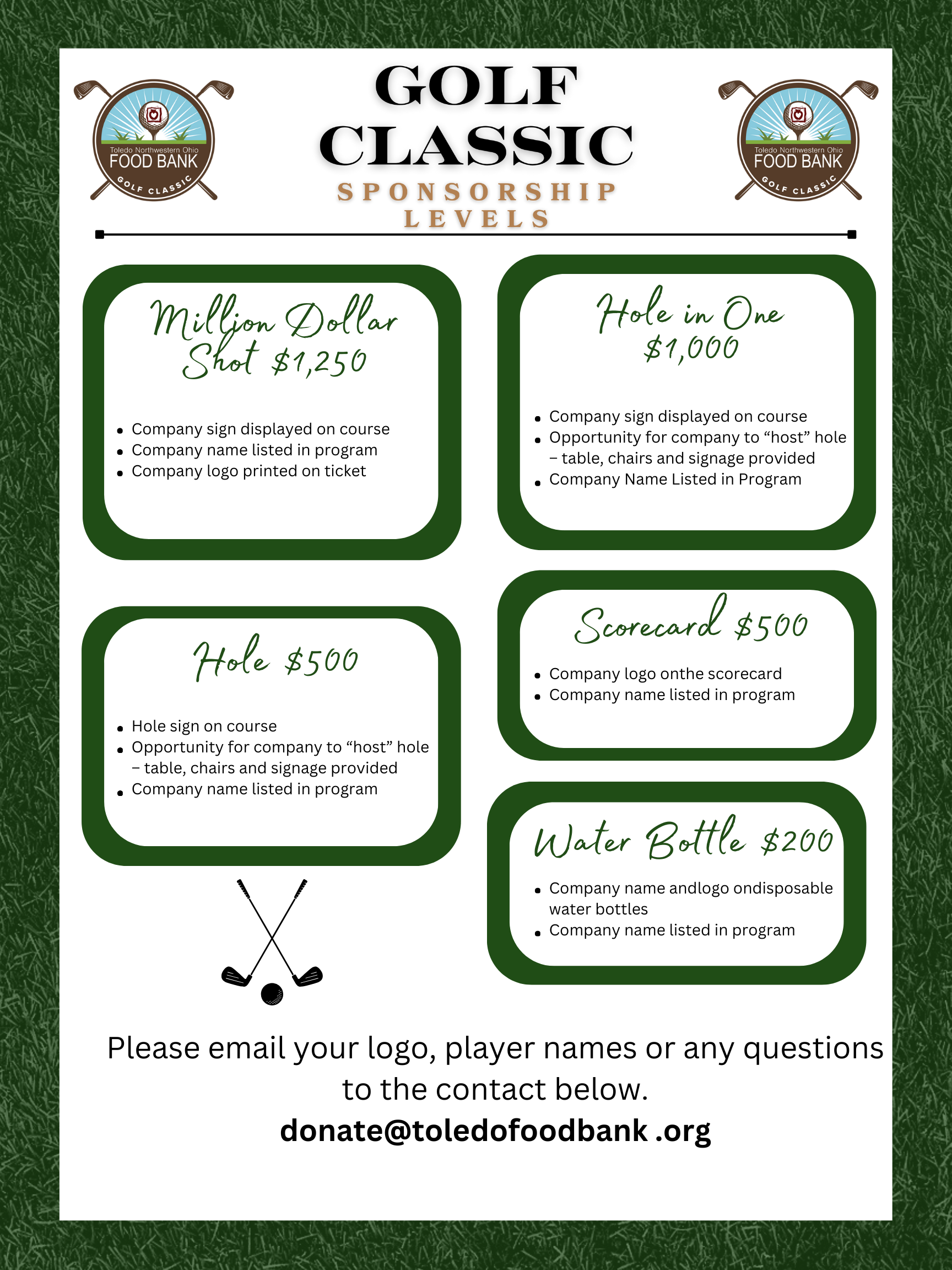 Flyer for a golf classic fundraising event with sponsorship levels: Million Dollar Shot, Hole in One, Hole, Scorecard, and Water Bottle, featuring golf-themed graphics and a contact email for donations.