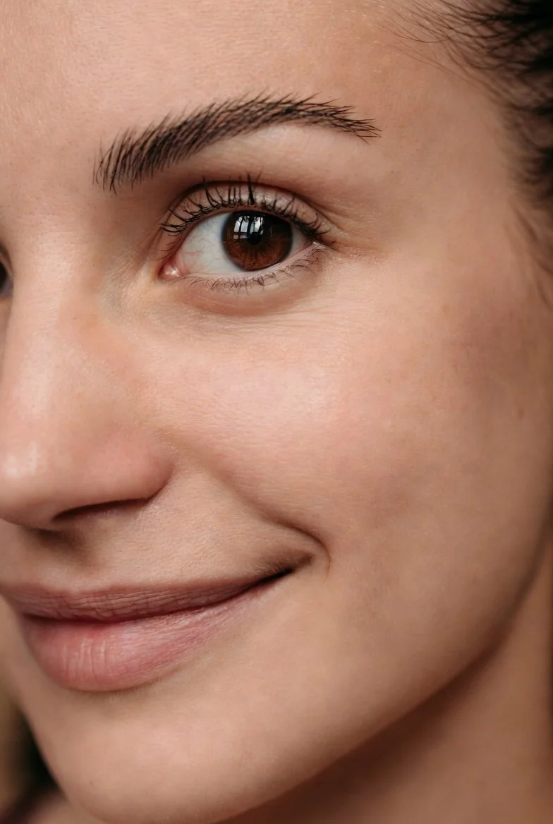 Close-up of a smiling woman's face, showing her brown eye, eyebrows, and part of her nose and lips.