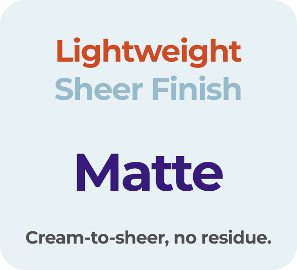Text-based graphic describing a paint finish: Lightweight, Sheer Finish, Matte, with a cream-to-sheer appearance and no residue.