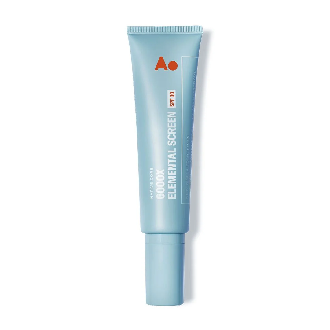 Blue tube of sunscreen labeled '600UX Elemental Sunscreen' with SPF 30, produced by Native.