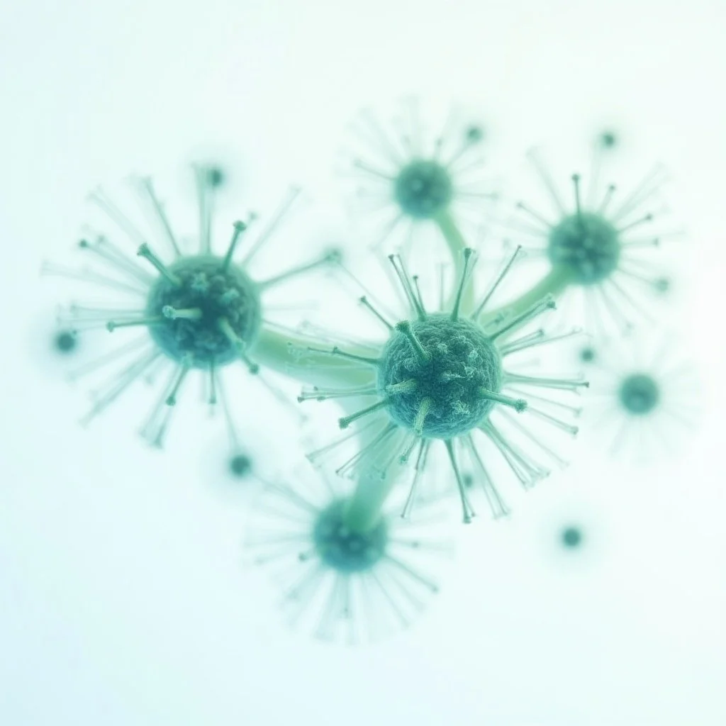 Illustration of virus particles resembling coronavirus, with spherical shapes and spike-like protrusions.