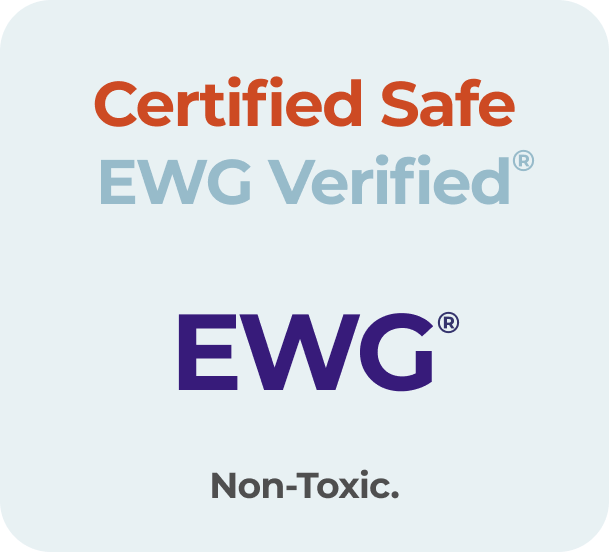 A certification badge with text: 'Certified Safe', 'EWG Verified', 'EWG', and 'Non-Toxic' on a teal background.
