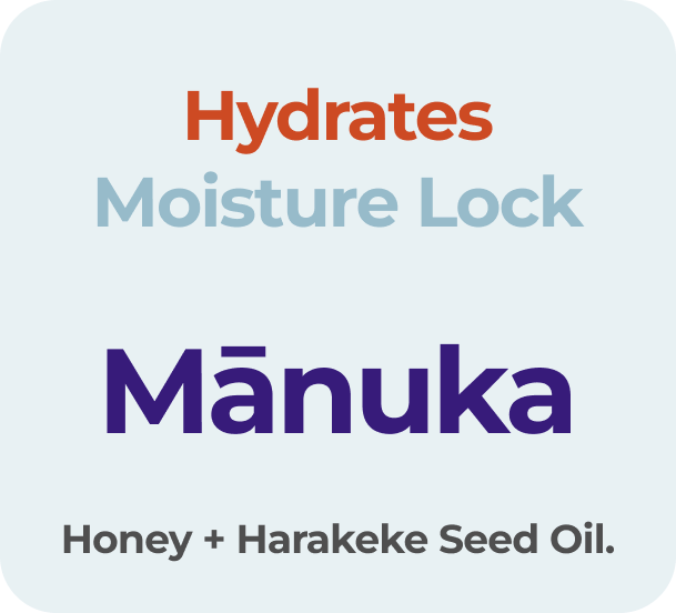 Label for Manuka skincare product highlighting ingredients like hydration, moisture lock, honey, and Harakeke seed oil.