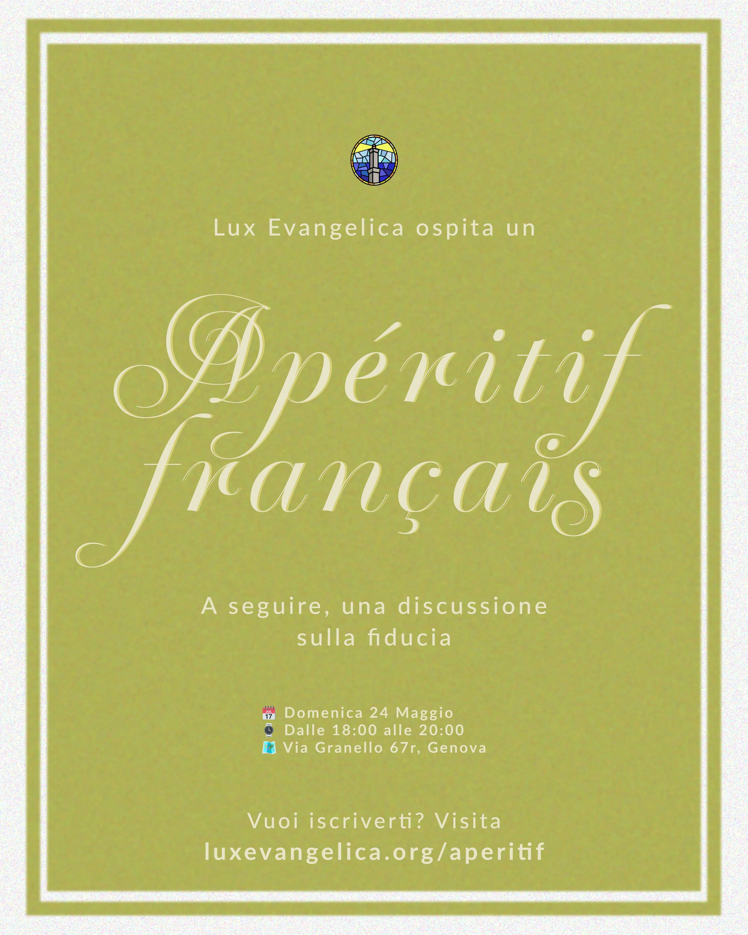 Volantino di un evento organizzato da Lux Evangelica, intitolato Più gente, più fiducia, con dettagli sulla data, ora e luogo, indicazioni per iscriversi e un logo in alto.
