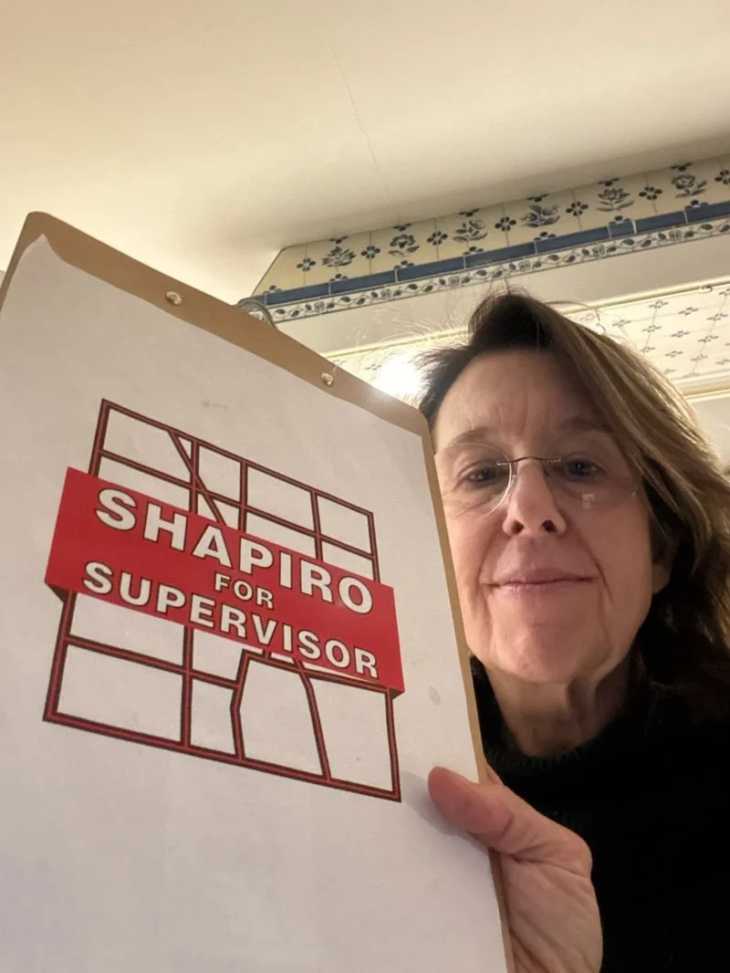 A woman holding a clipboard with a campaign sign that reads "SHAPRO FOR SUPERVISOR" in front of a ceiling with floral border wallpaper.