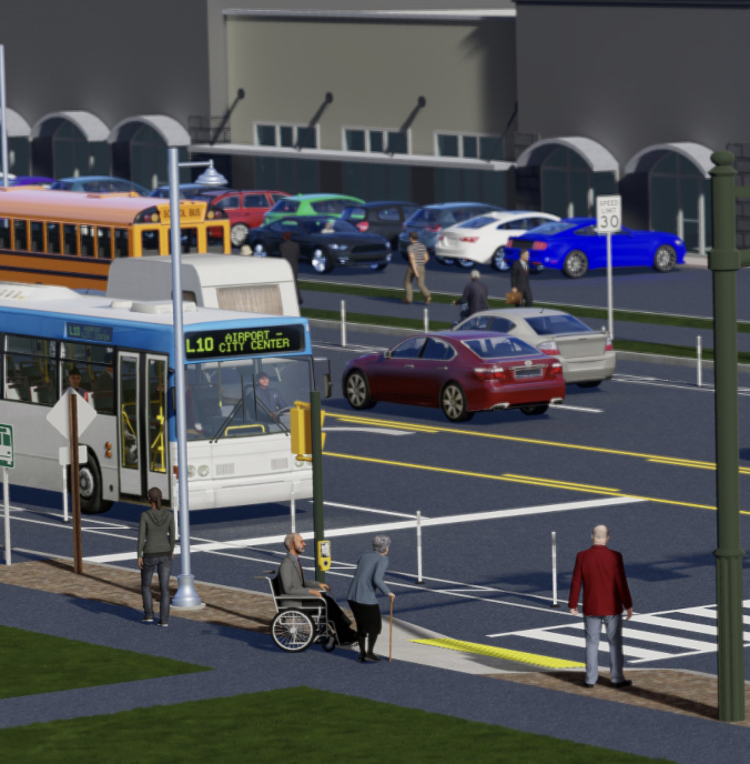 Peopleboarding caravan bus at airport terminal with parked cars and a yellow school bus in background.