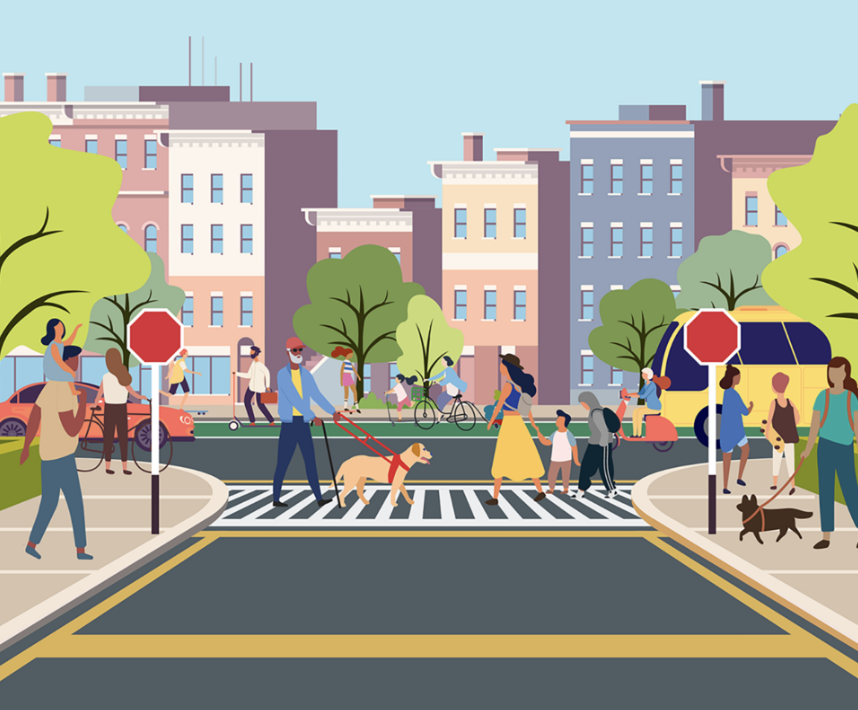 A busy city sidewalk with people walking, some with dogs, near a crosswalk and stop signs. There are colorful buildings, trees, and a school bus in the background.