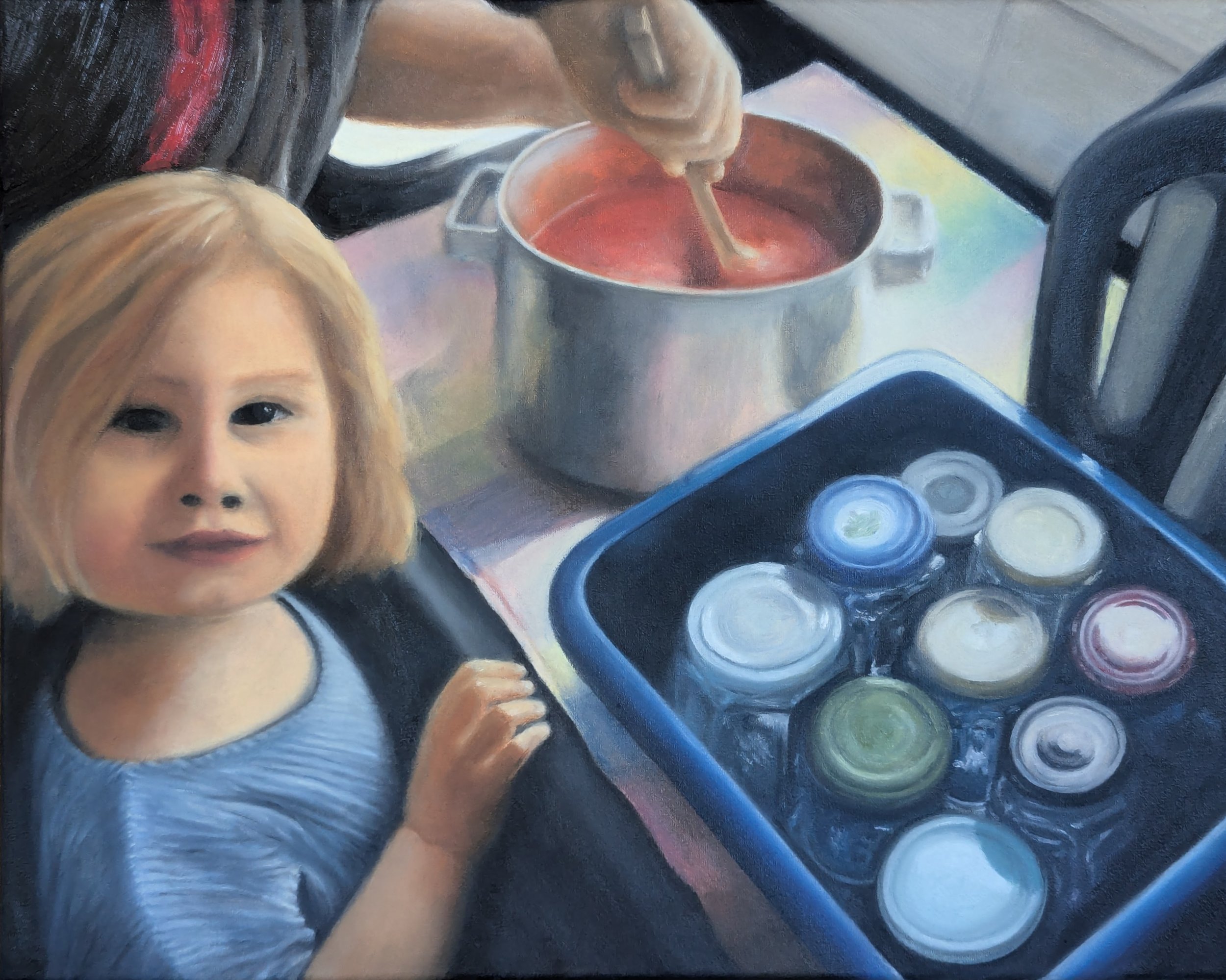 "Strawberry Season” - Oil Painting of Child and Grandma Making Jam