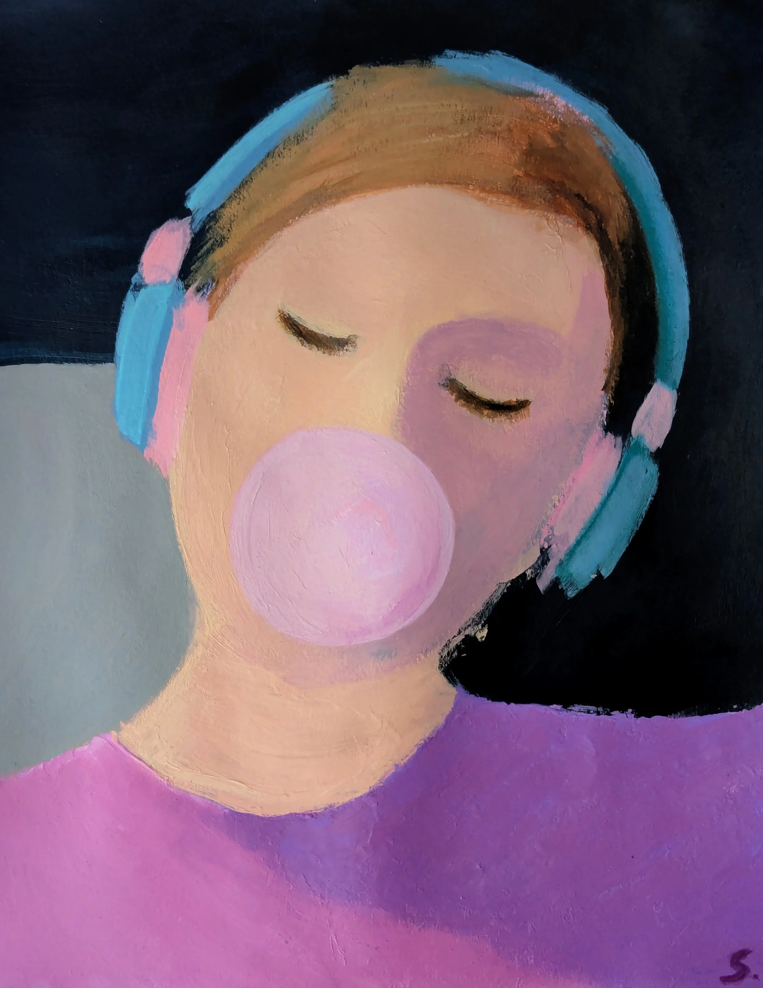 "Bubblegum Selfie" (acrylic on paper, 24 x 31 cm)