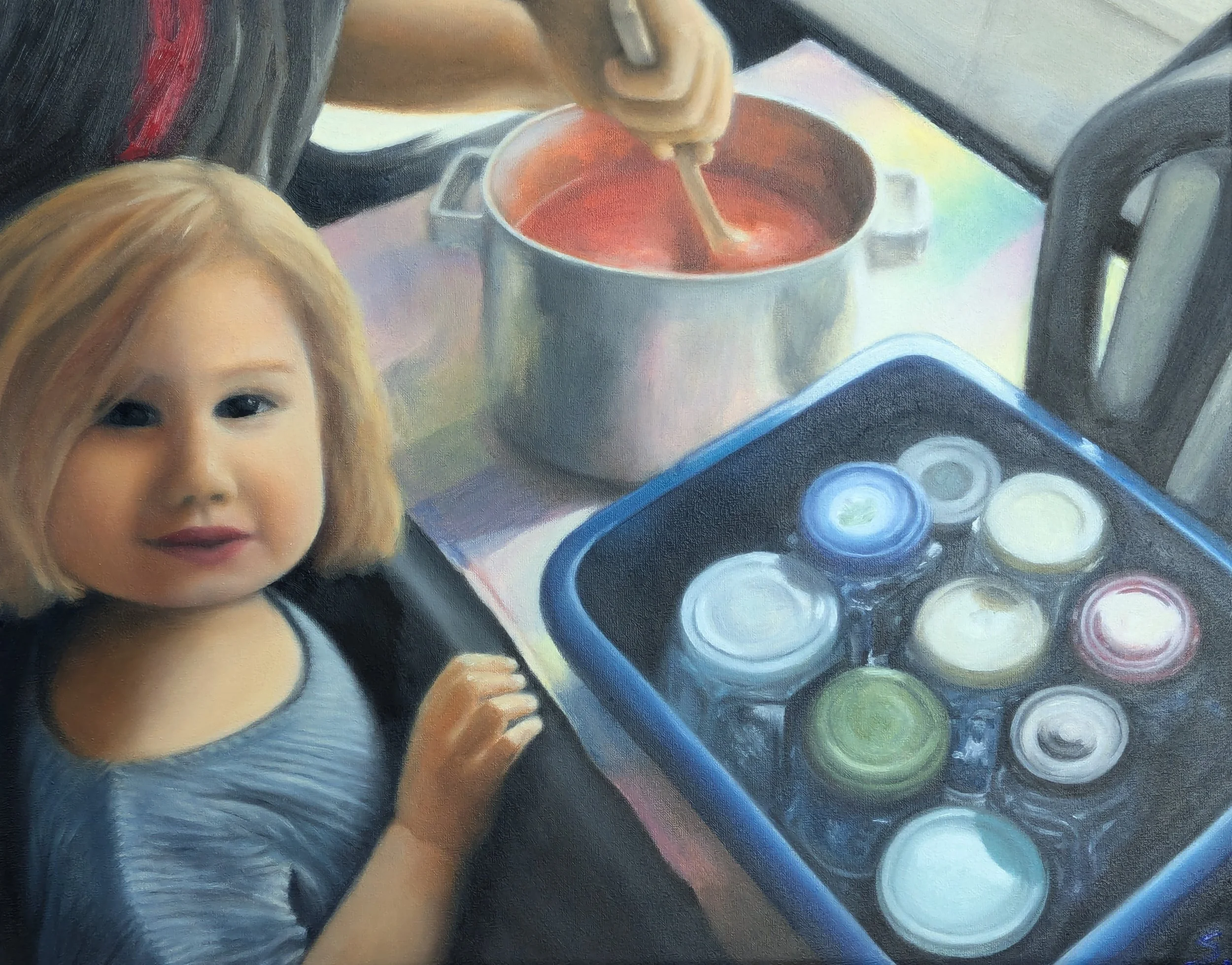 "Strawberry Season” - Oil Painting of Child and Grandma Making Jam