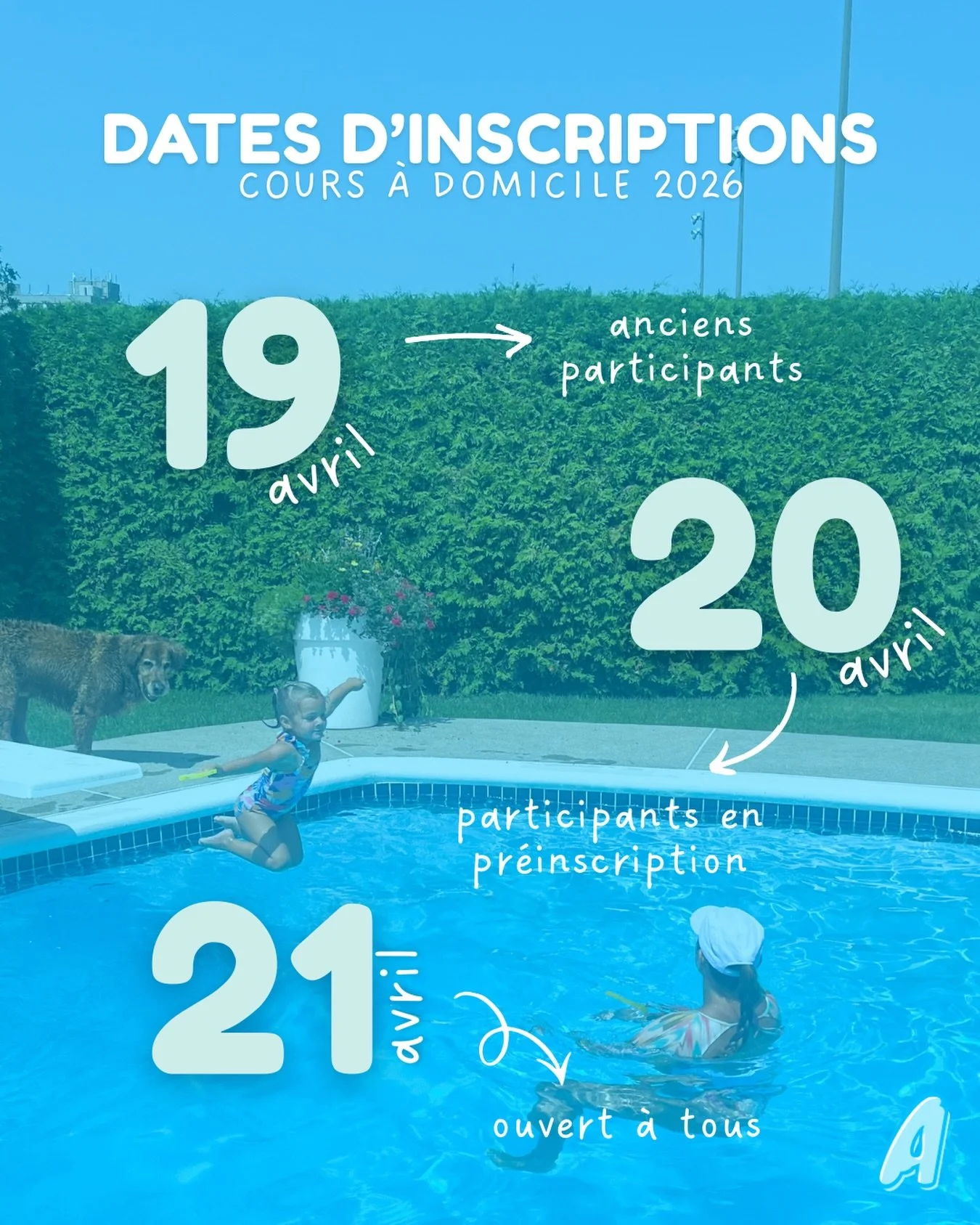 VOICI (enfin!) NOS DATES D&rsquo;INSCRIPTIONS POUR LES COURS &Agrave; DOMICILE 2026 🏠🏊🏼&zwj;♀️

Mettez une alarme &agrave; votre agenda, parce que les plages horaires partent vite vite vite 😨

19 avril &ndash; 9h
Ouvert aux nageurs ayant particip