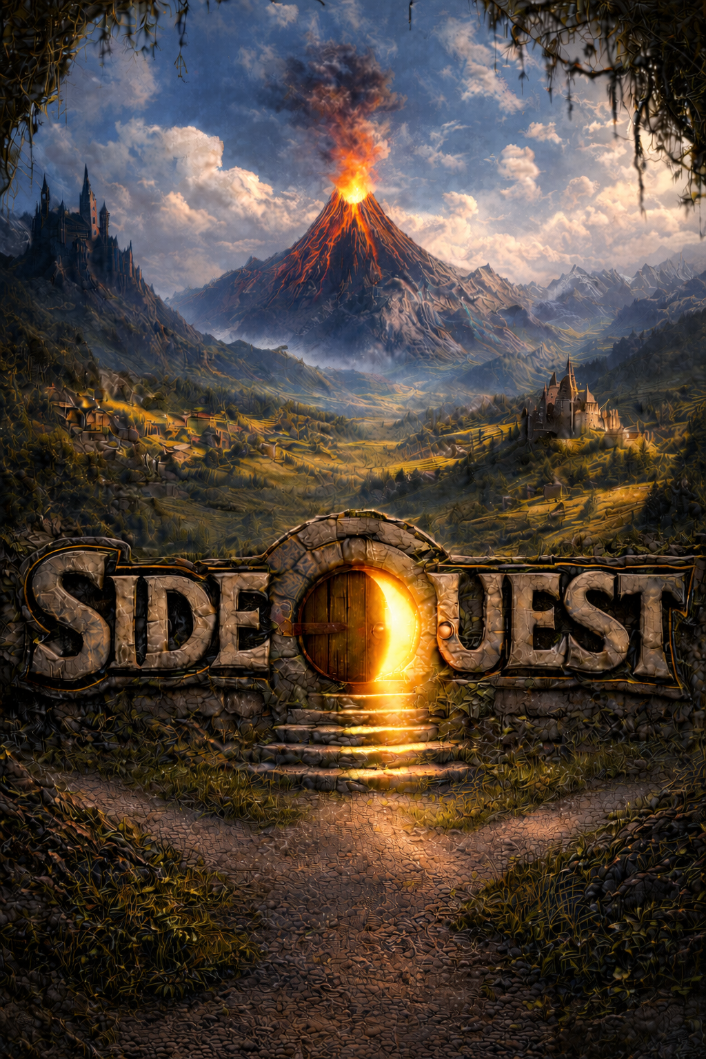 Artwork featuring the logos of two video games, Magic: The Gathering and Avatar: The Last Airbender, set against a fantasy landscape with tall mountains, trees, and a flying creature.