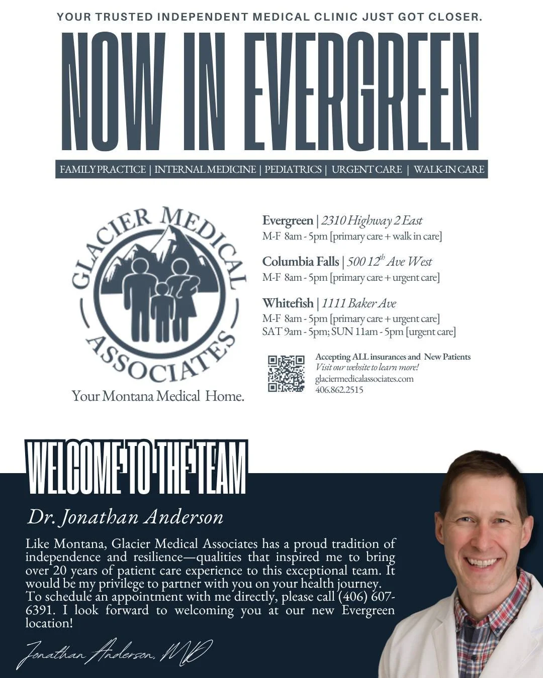 📍 NOW IN EVERGREEN!

Glacier Medical Associates is proud to expand our care with a brand new location in Evergreen &mdash; bringing trusted, independent medical care even closer to you. 💙

We&rsquo;re also thrilled to welcome Dr. Jonathan Anderson 