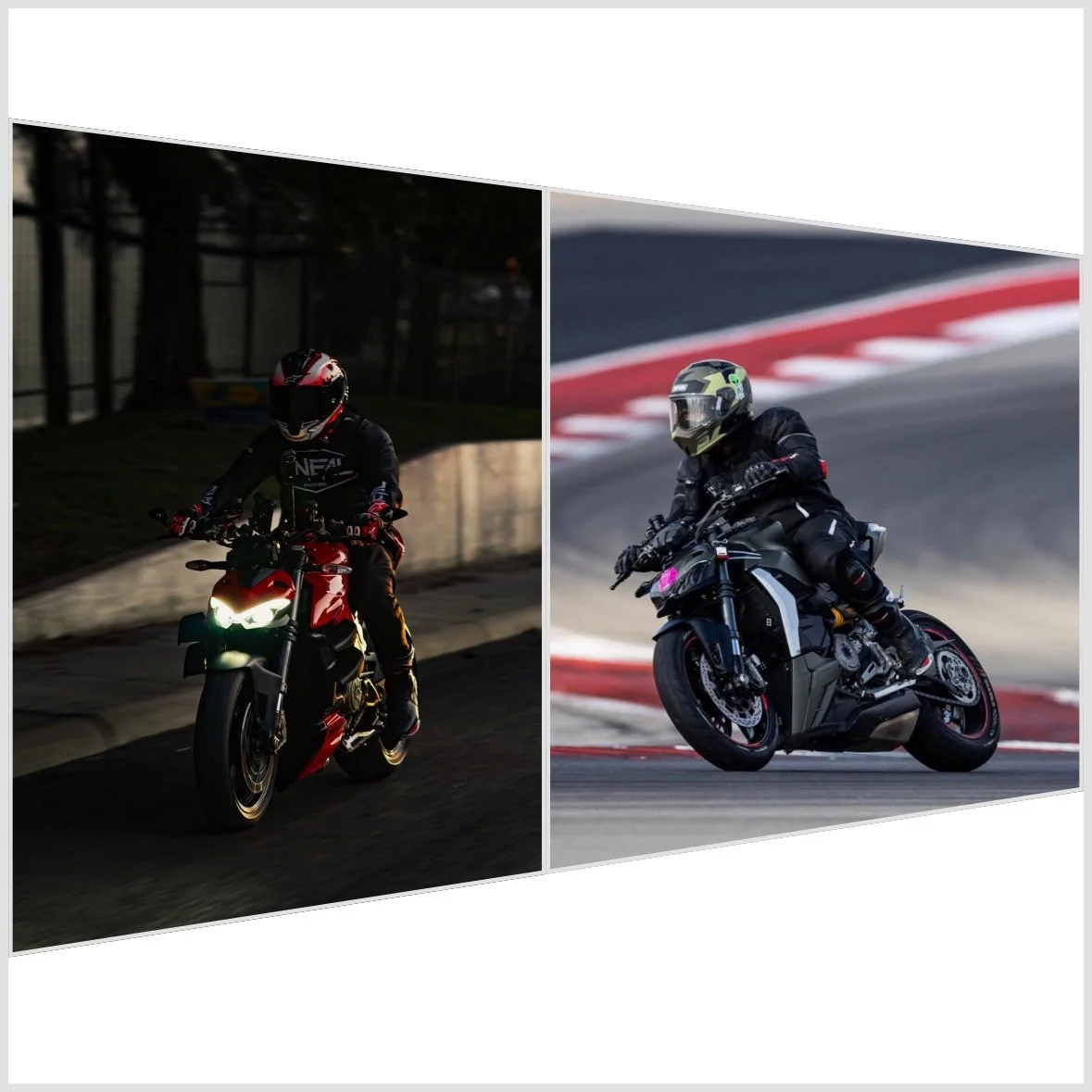 Two motorcyclists riding on race tracks, one on the left in a dark setting and one on the right in a well-lit environment, both wearing helmets and riding sport bikes.