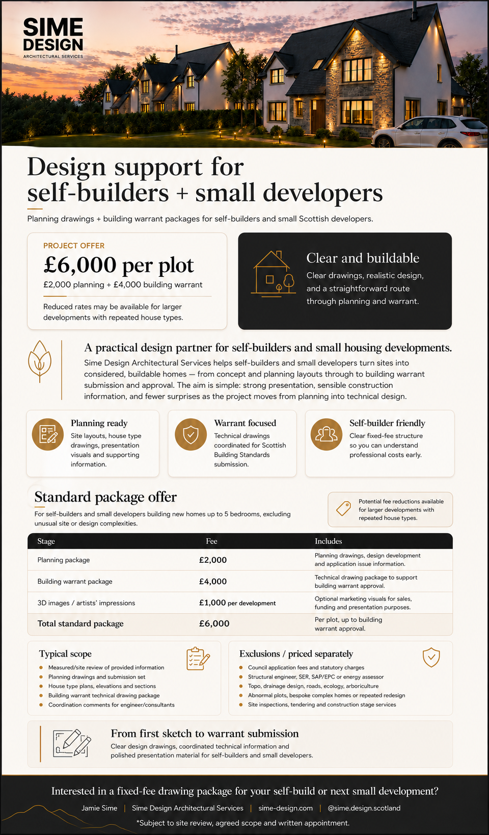 Flyer for Sime Design offering architectural services to self-builders and small developers, featuring an image of modern houses at sunset, pricing details, and service benefits.