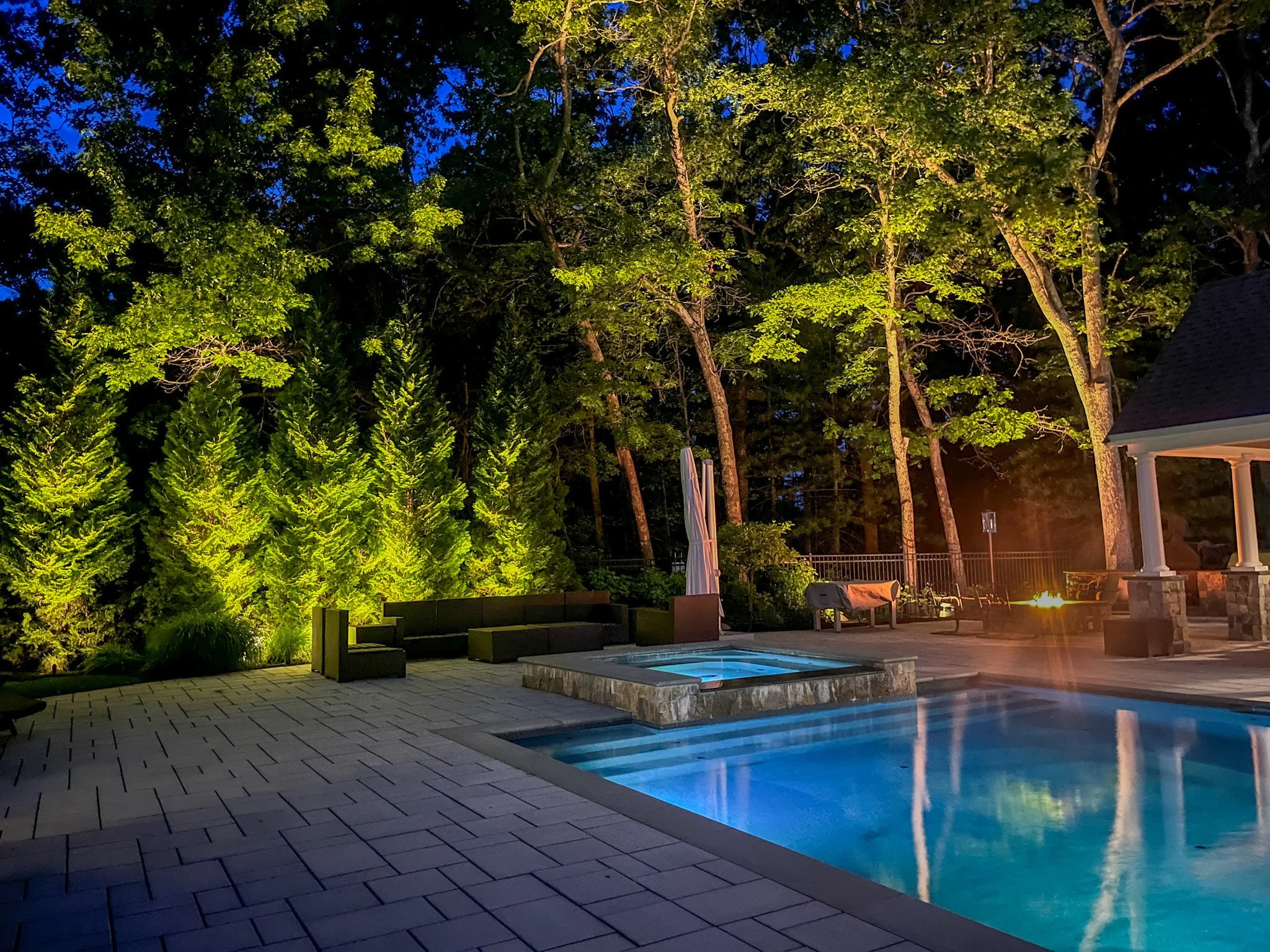 Mature tree uplighting surrounding a backyard pool and patio in Middleton, Massachusetts.