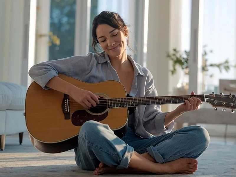 Woman playing guitar to help with her mental health in California