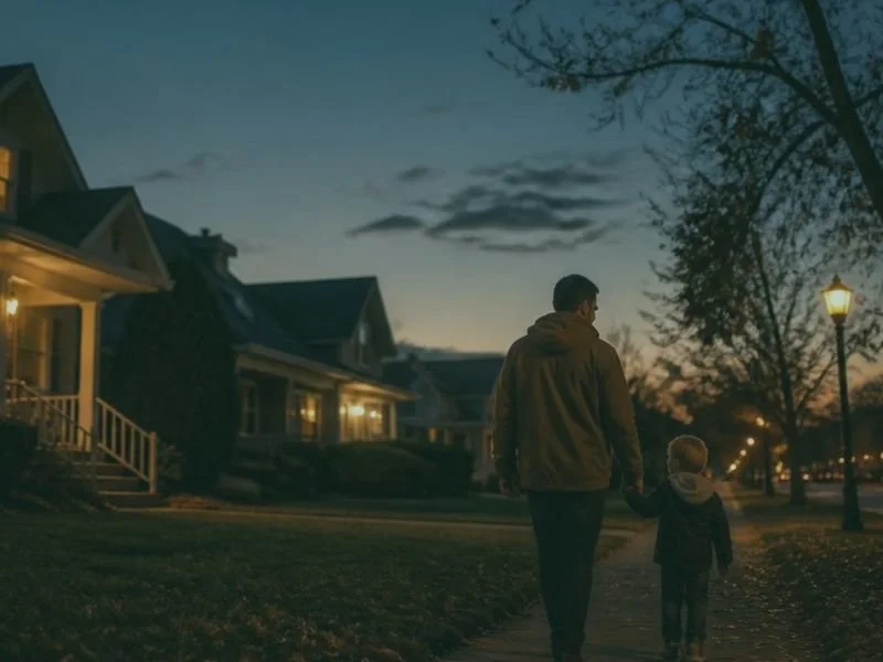 A dad with his son walking before bedtime on a late fall night, to help them fall asleep faster.