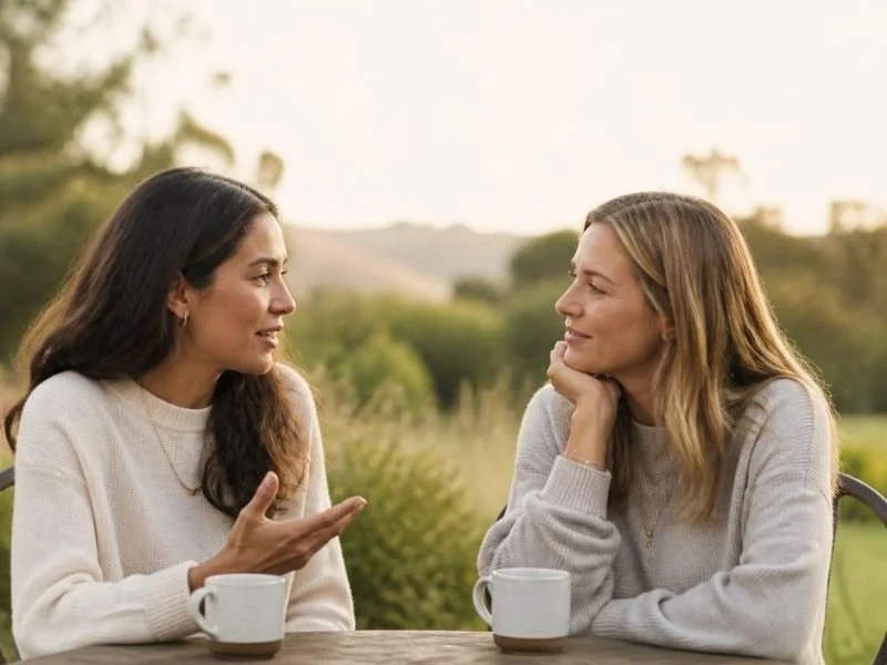 Two friends at the Sundial Bridge chatting outside about their mental health struggles leaning on each other