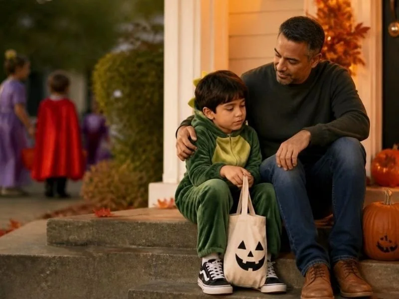 A dad on Halloween helping is son take a moment away from the crowds of children on the street