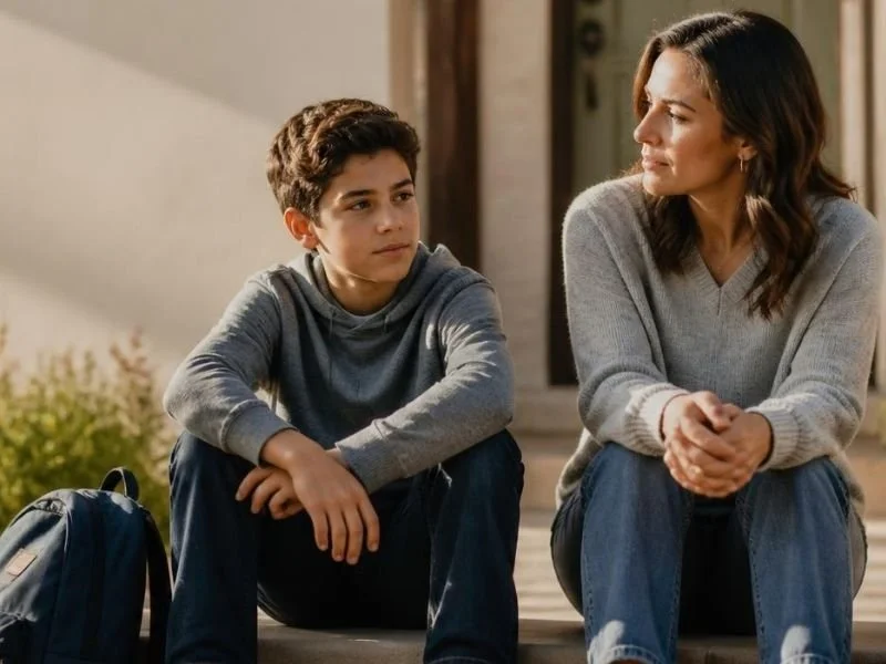 A mother in Redding , California talking to her son on the porch about his trouble with people bullying him at school