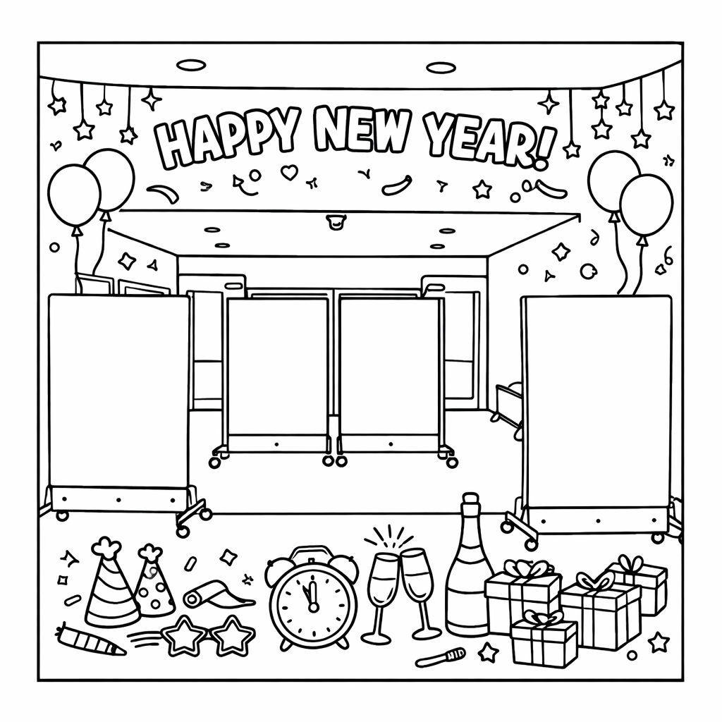 Black‑and‑white illustration of TAG Mobile™ bulletproof whiteboards positioned inside a school hallway beneath a “Happy New Year” banner, highlighting dual‑use classroom functionality and school safety readiness.